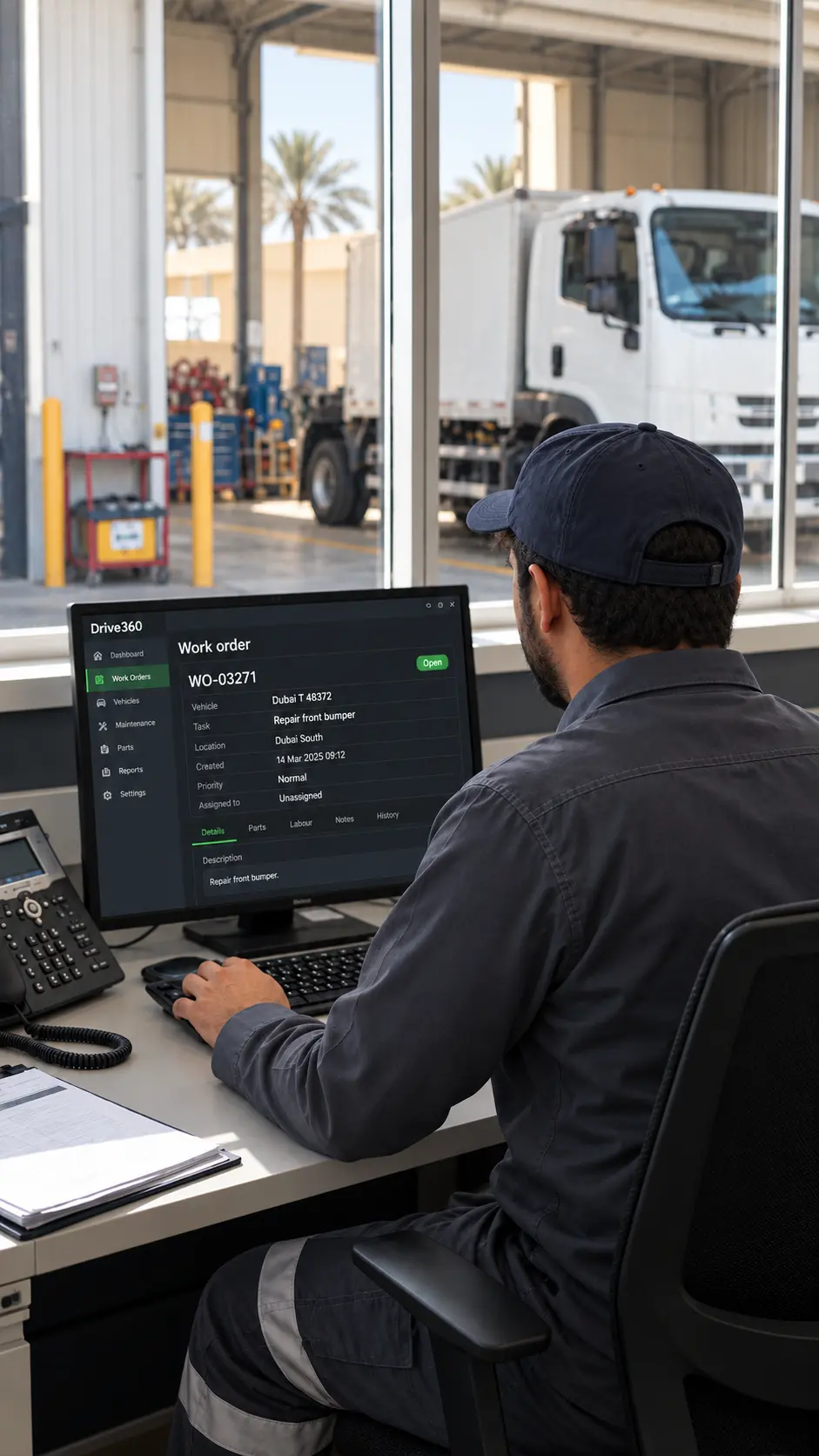 Workshop coordinator at a desk with Drive360 open on work order WO-03271 to repair the front bumper of Dubai T 48372