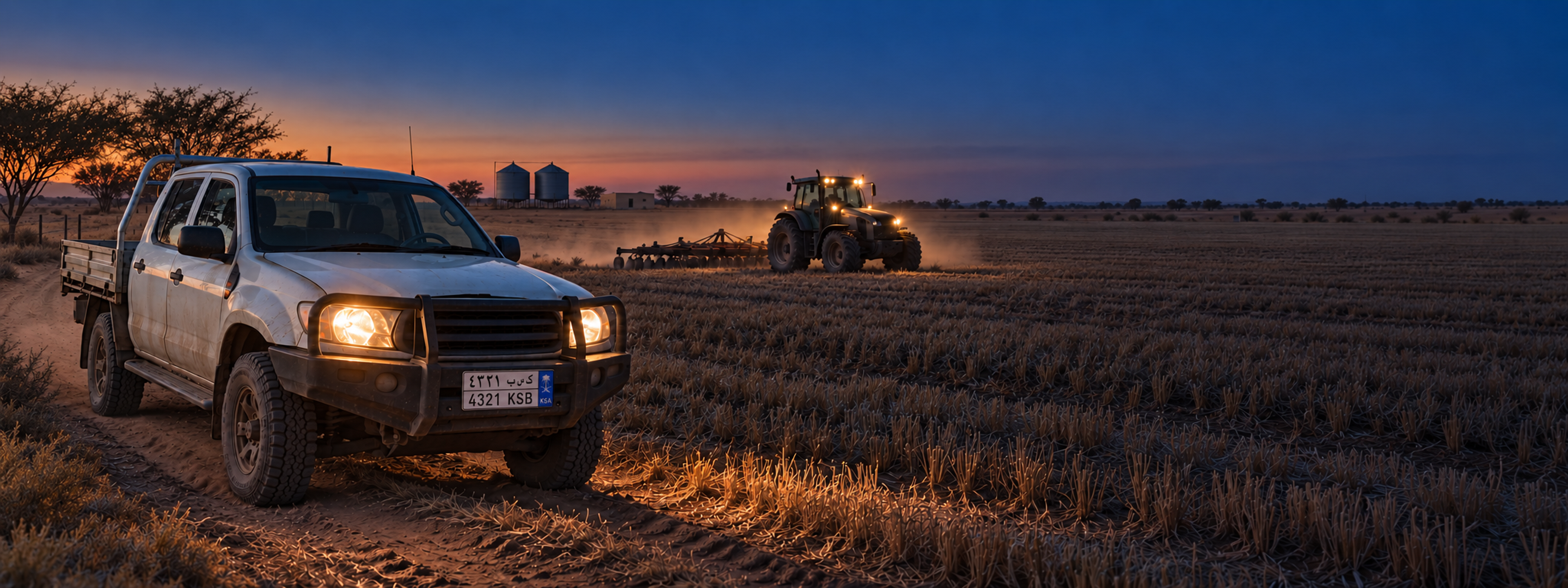 Photograph: an Australian farm at first light, a ute and a tractor in the paddock. Landscape 16:9, warm and wide, no text in the artwork.