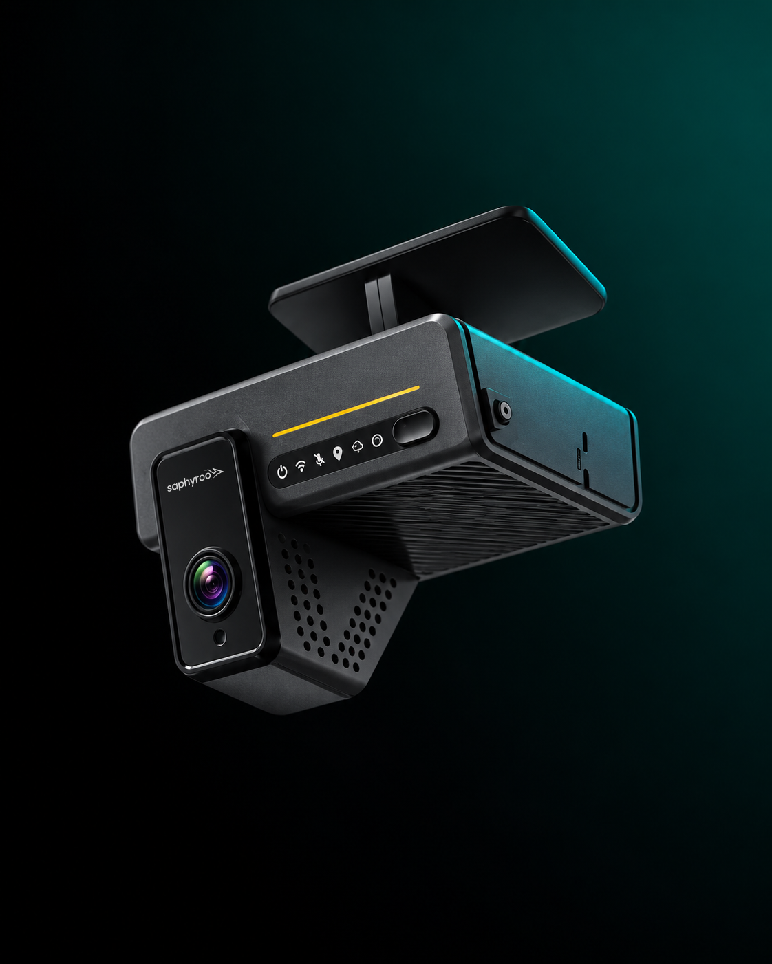 AI dash camera on a plain light ground, three-quarter view, product centred with air around it.