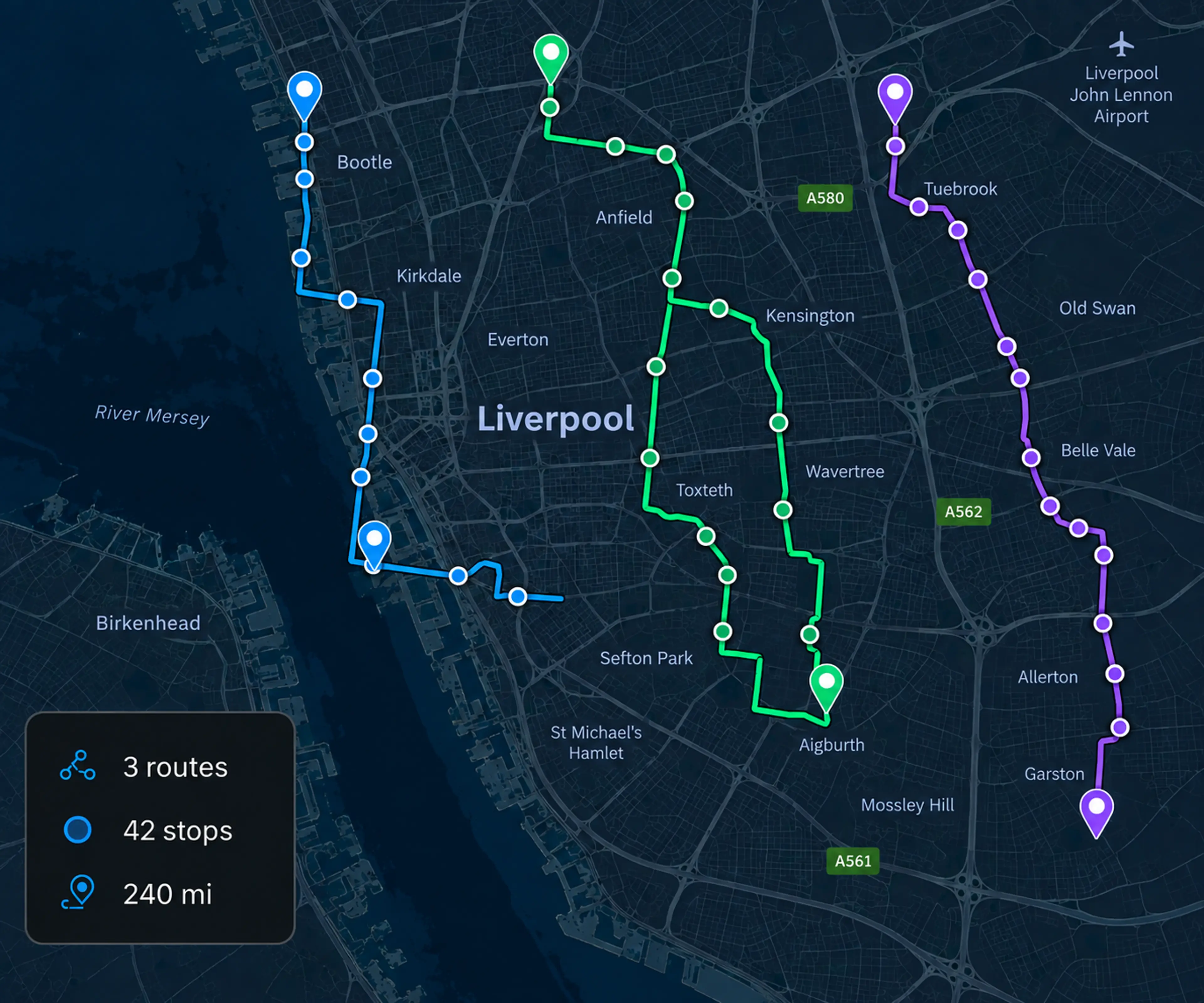 Route360 planning map: three optimised routes drawn in their own colours across a city.