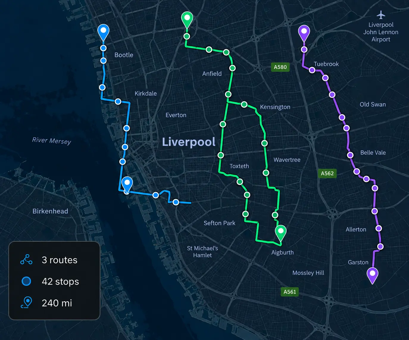 Route360 planning map: three optimised routes drawn in their own colours across a city.
