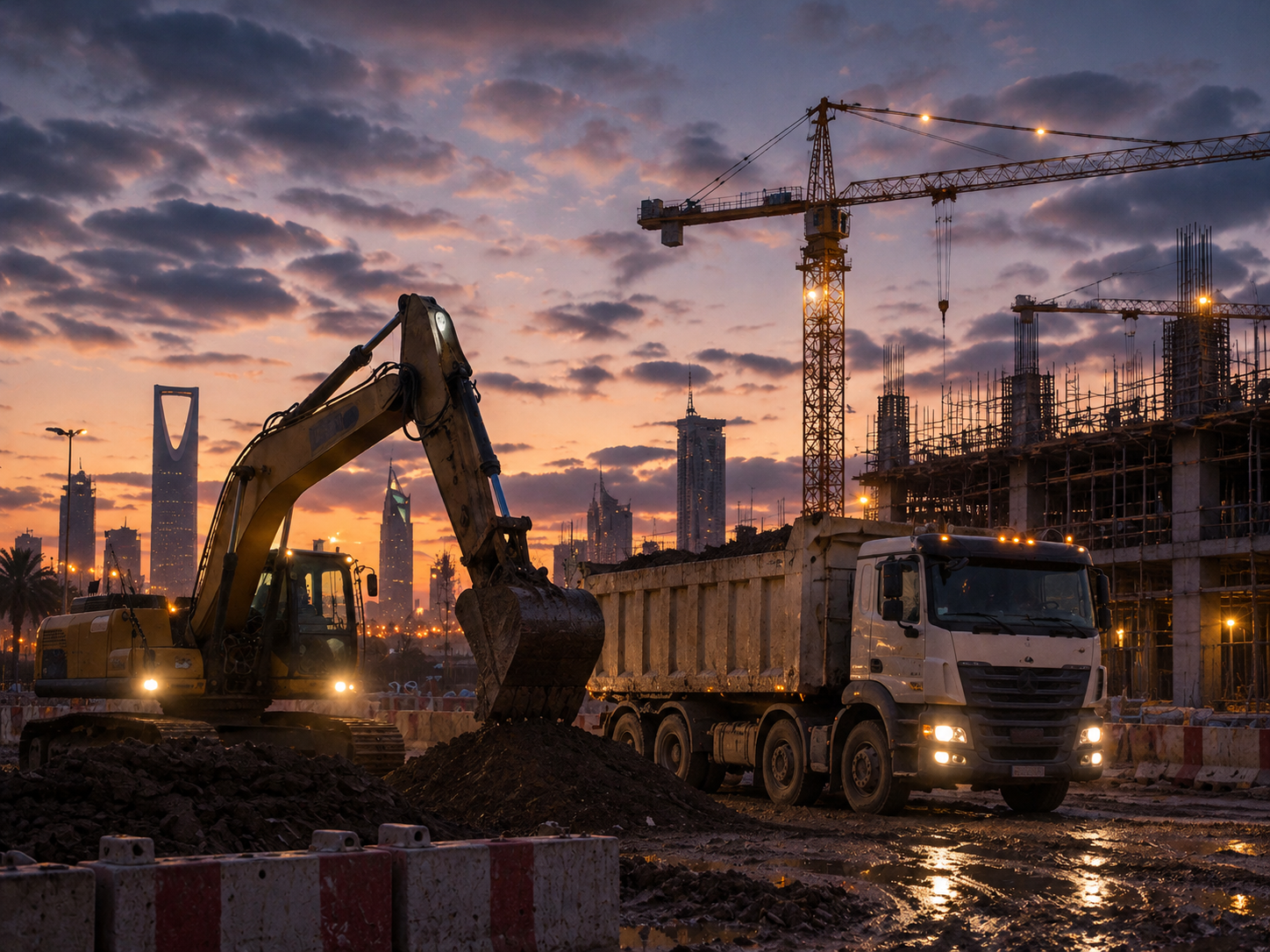 Photograph: a construction site at first light, plant moving. Dark and cool, no text in the artwork.