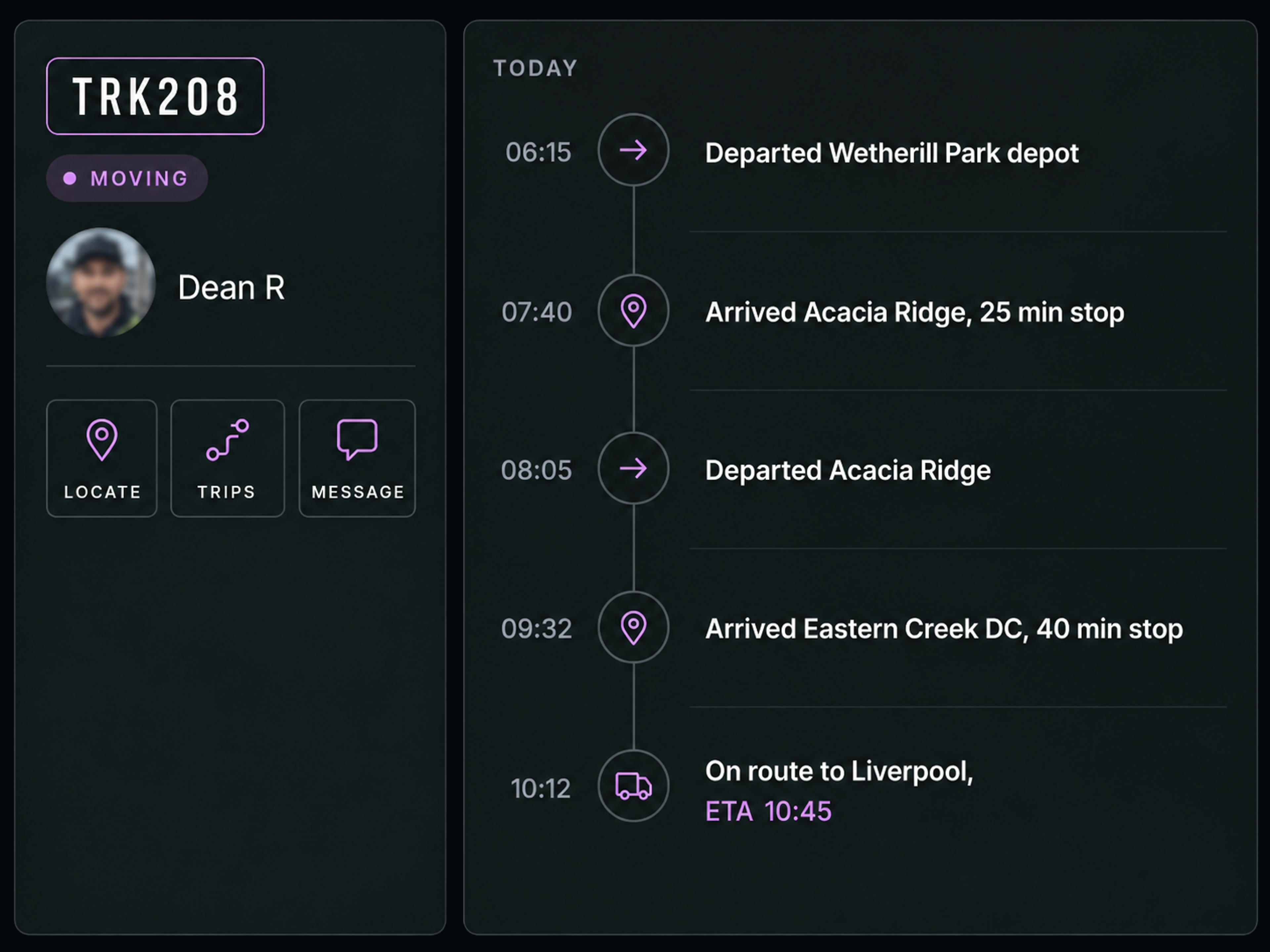 Vehicle detail card with its actions, beside today's trip timeline listing departures and arrivals with times and an on-route-to state. 4:3, dark UI.