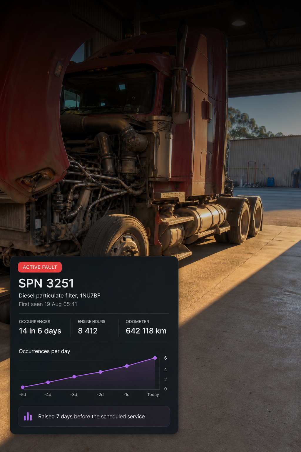 Photograph: a truck engine bay open in a workshop, no people. Portrait 3:4, dark and cool, room at the top for a heading, no text in the artwork.