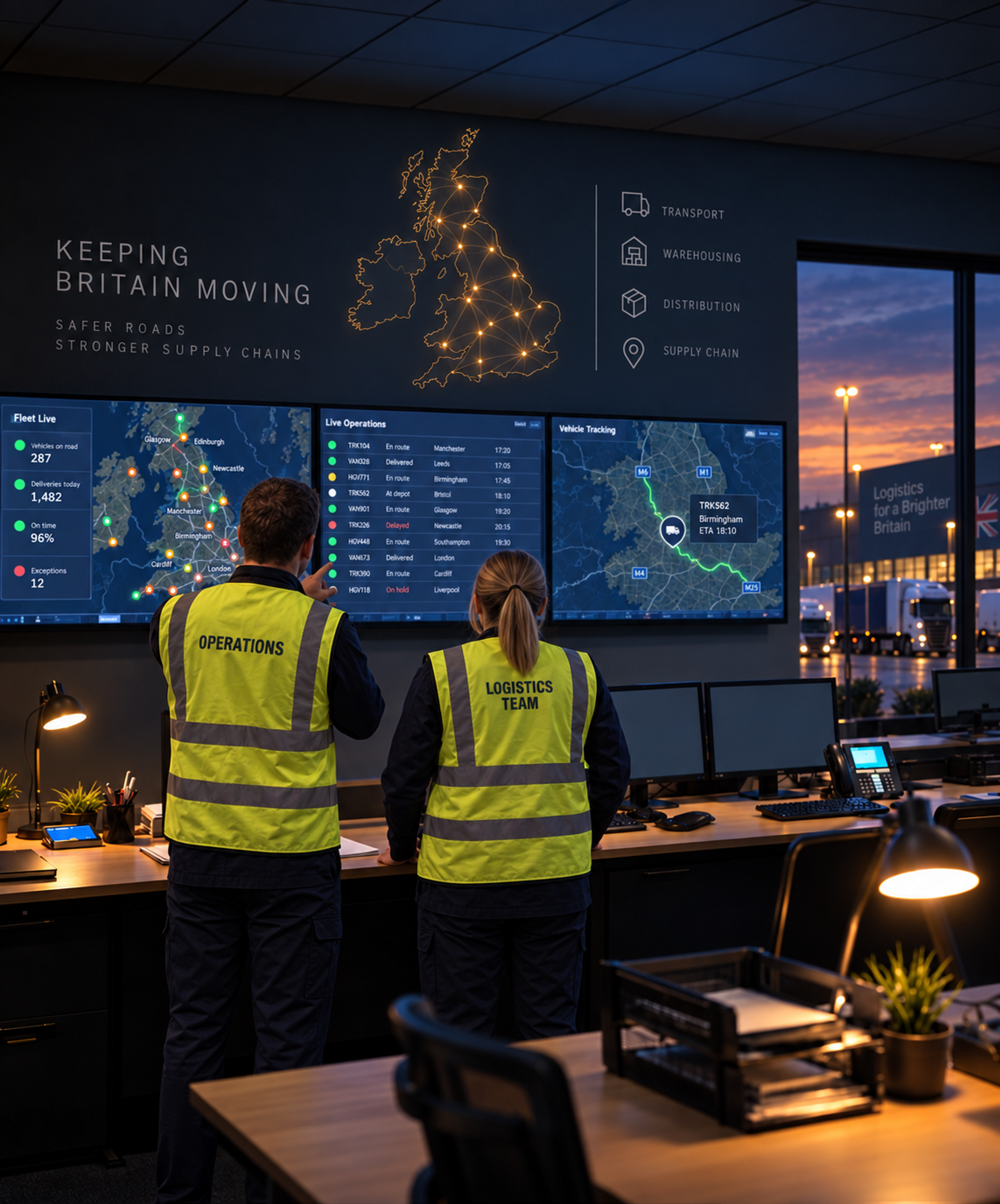Photograph: a transport operations room at dusk, screens glowing, people mid-decision. Dark and cool, room at the top, no text in the artwork.