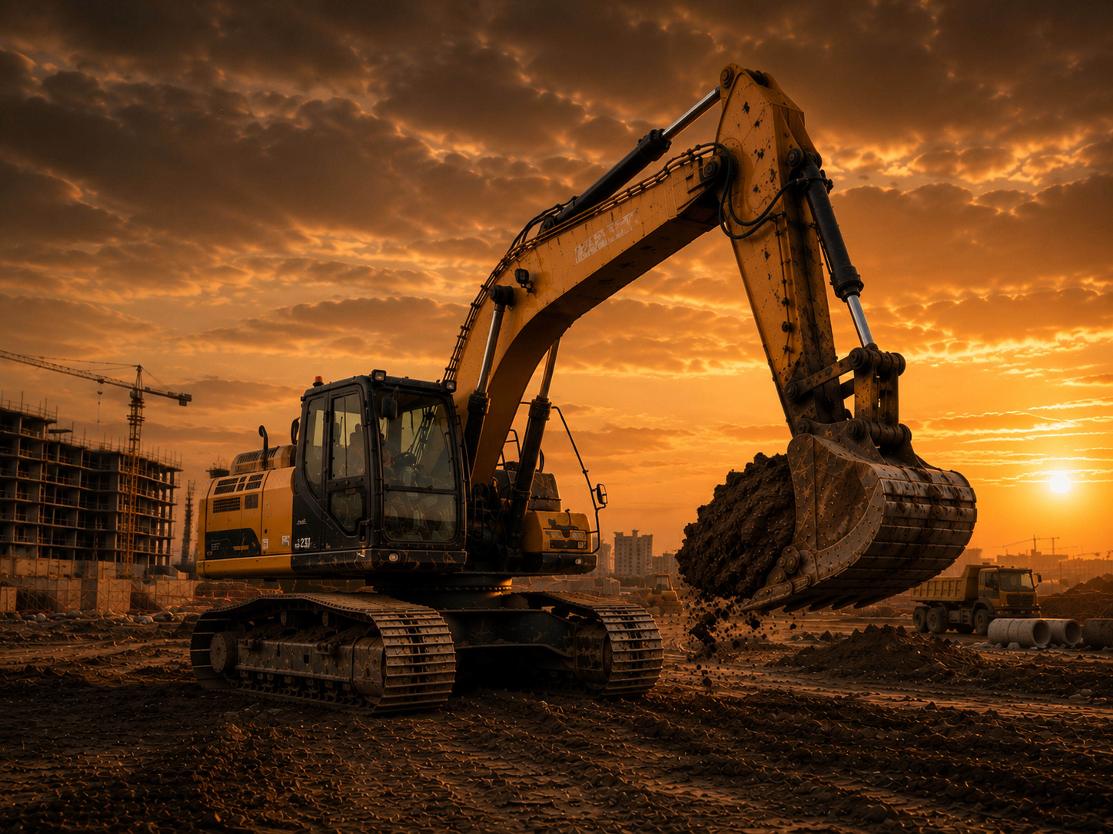 Excavator working a construction site at golden hour