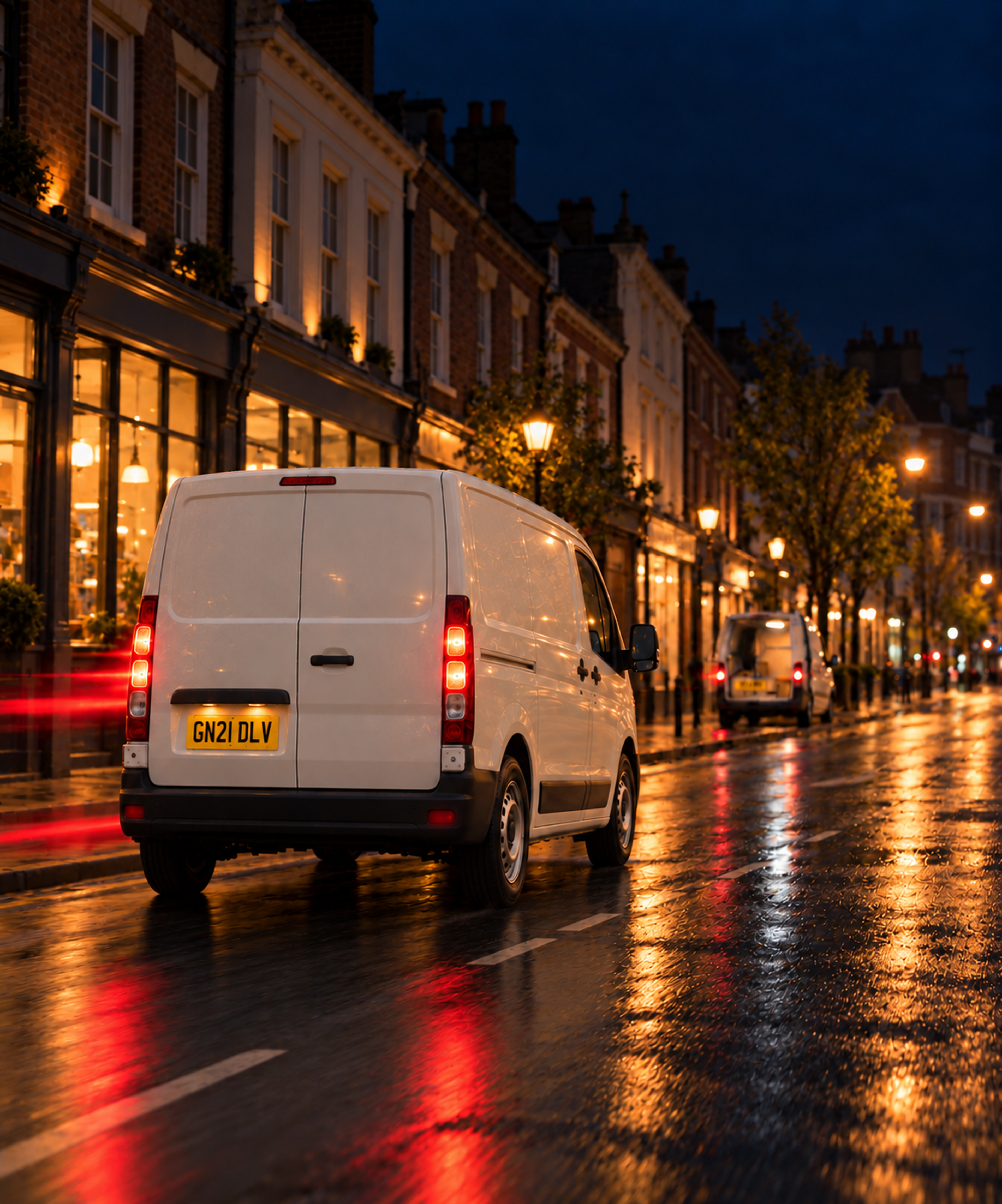 Photograph: a city street at night with a delivery vehicle mid-round. Dark and cool, room at the top, no text in the artwork.