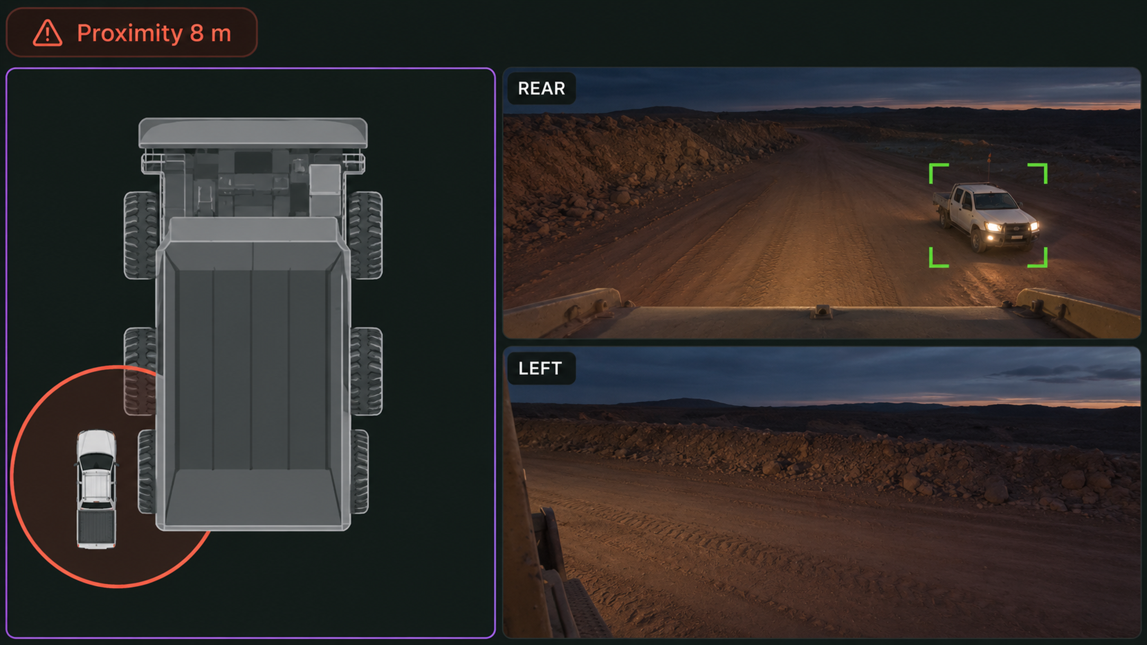 Machine safety: rear, left and 360 views with a proximity alert.