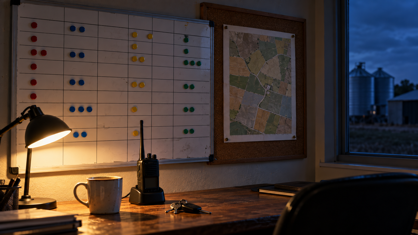 Editorial image: a planning board in a farm office. No text in the artwork.