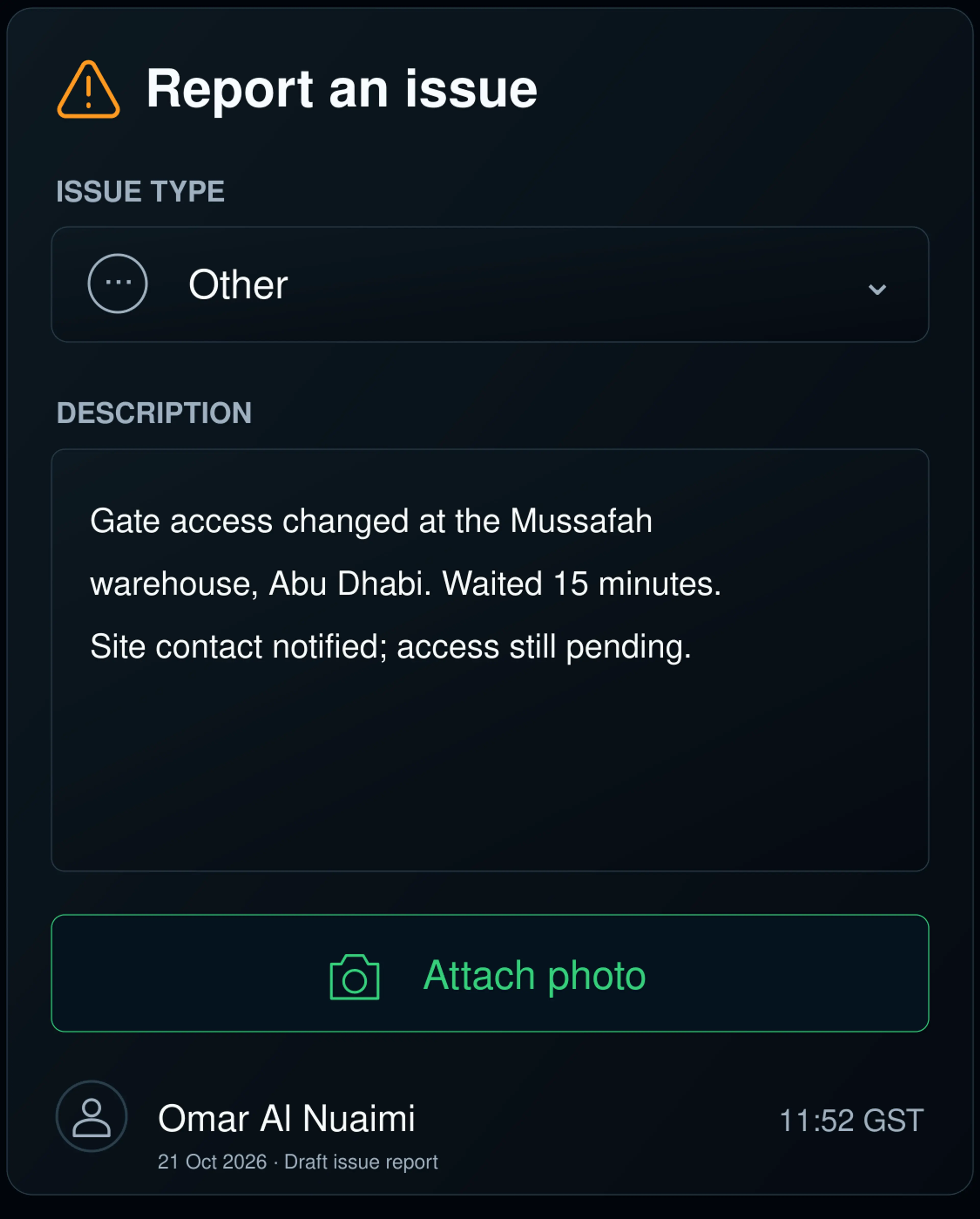 Other issue capture with a free-text note. 4:3.