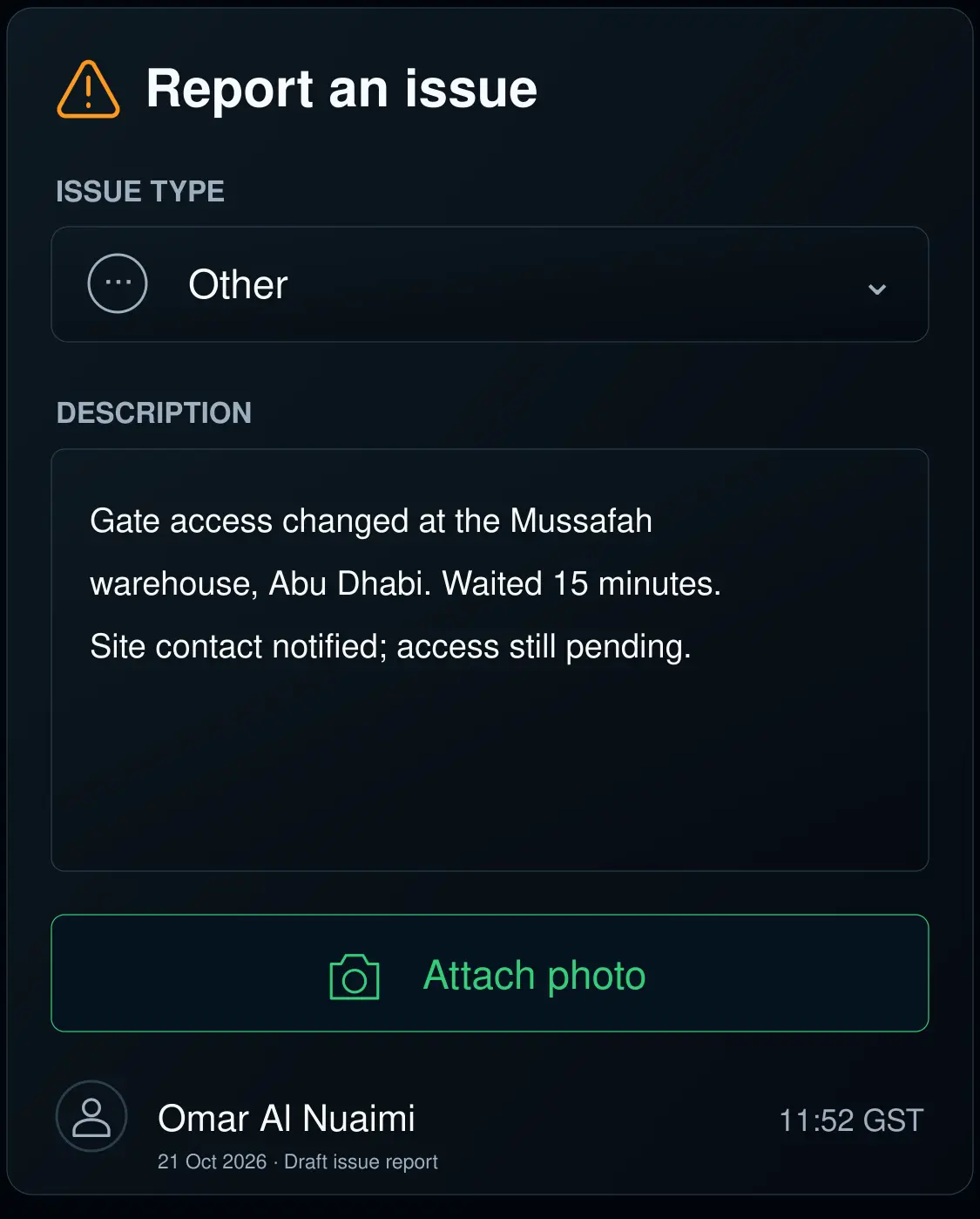 Other issue capture with a free-text note. 4:3.