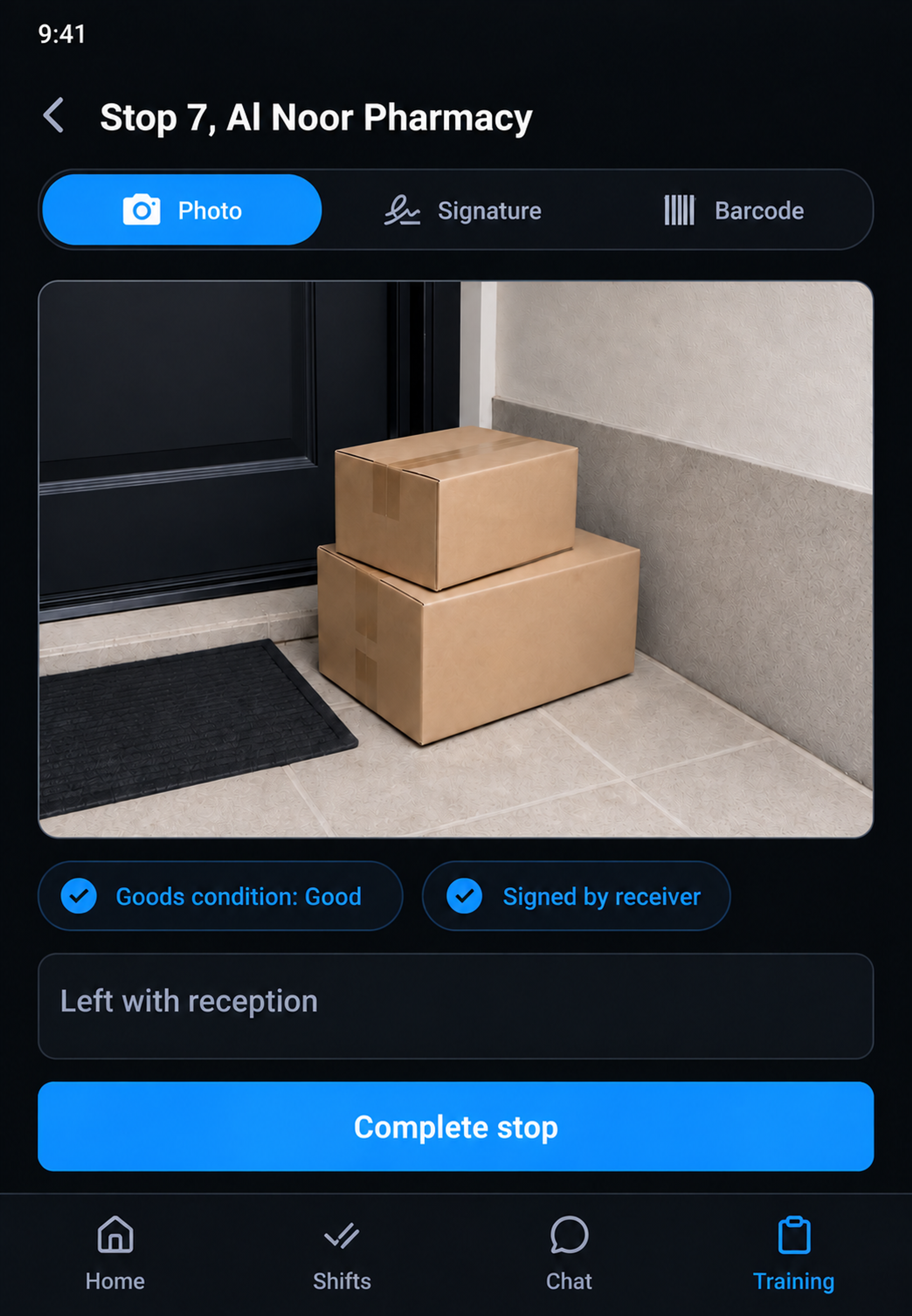 Driver app proof capture: photo, signature and barcode tabs with a captured image and an optional note, above the complete stop action. Portrait handset, 9:13 crop.