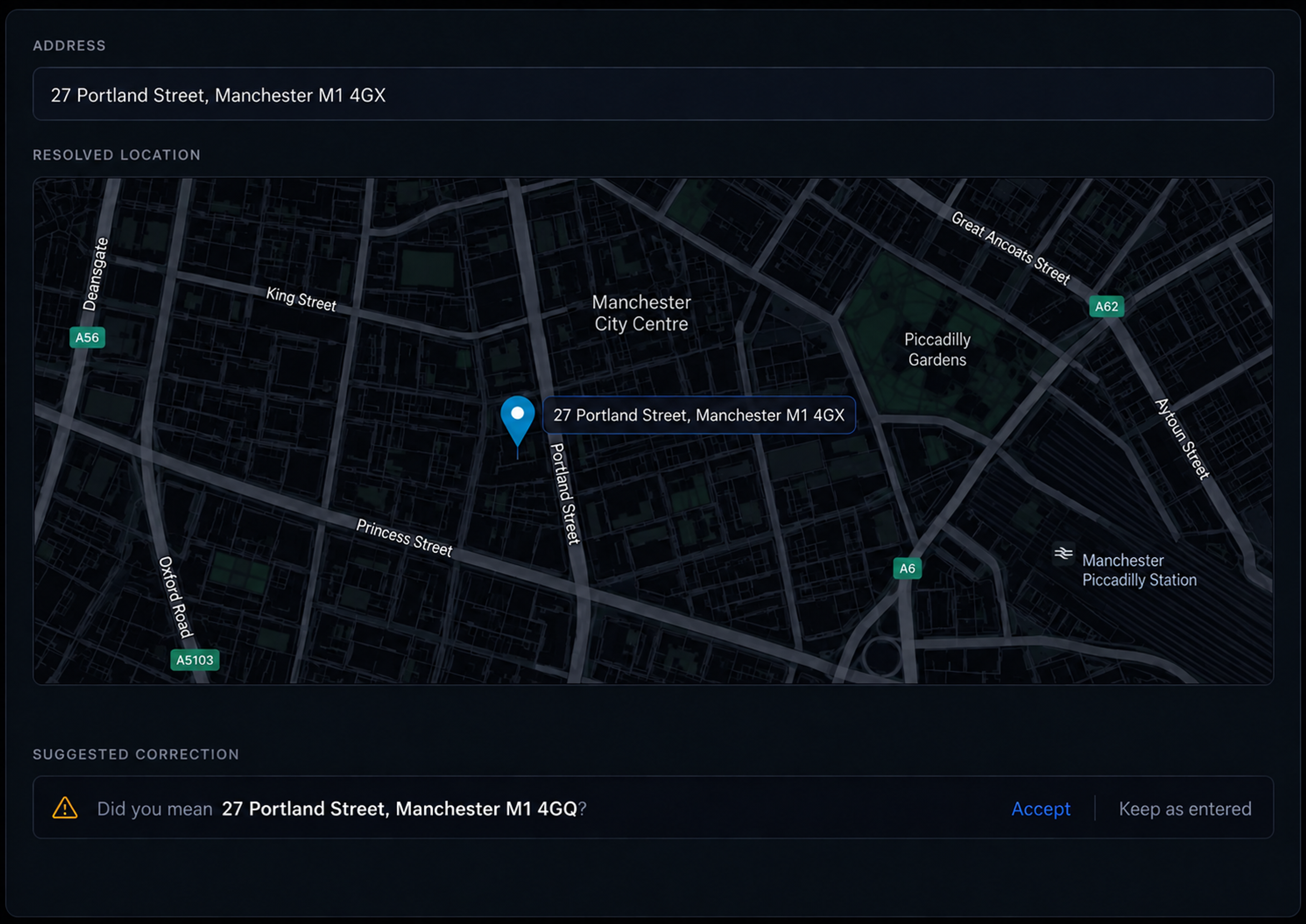 Address validation panel with the resolved pin and the suggested correction. 16:9, dark UI.