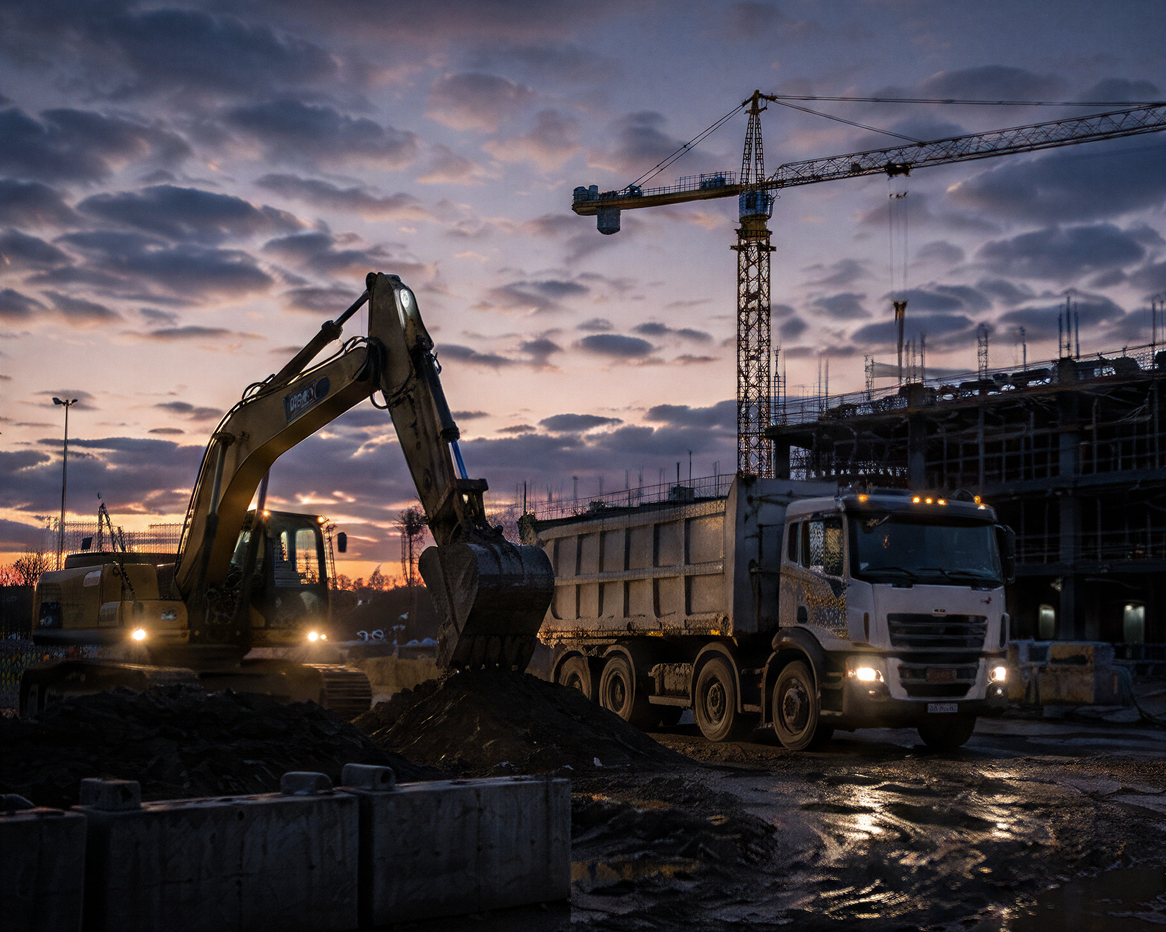 Photograph: a construction site at first light, plant moving. Dark and cool, no text in the artwork.