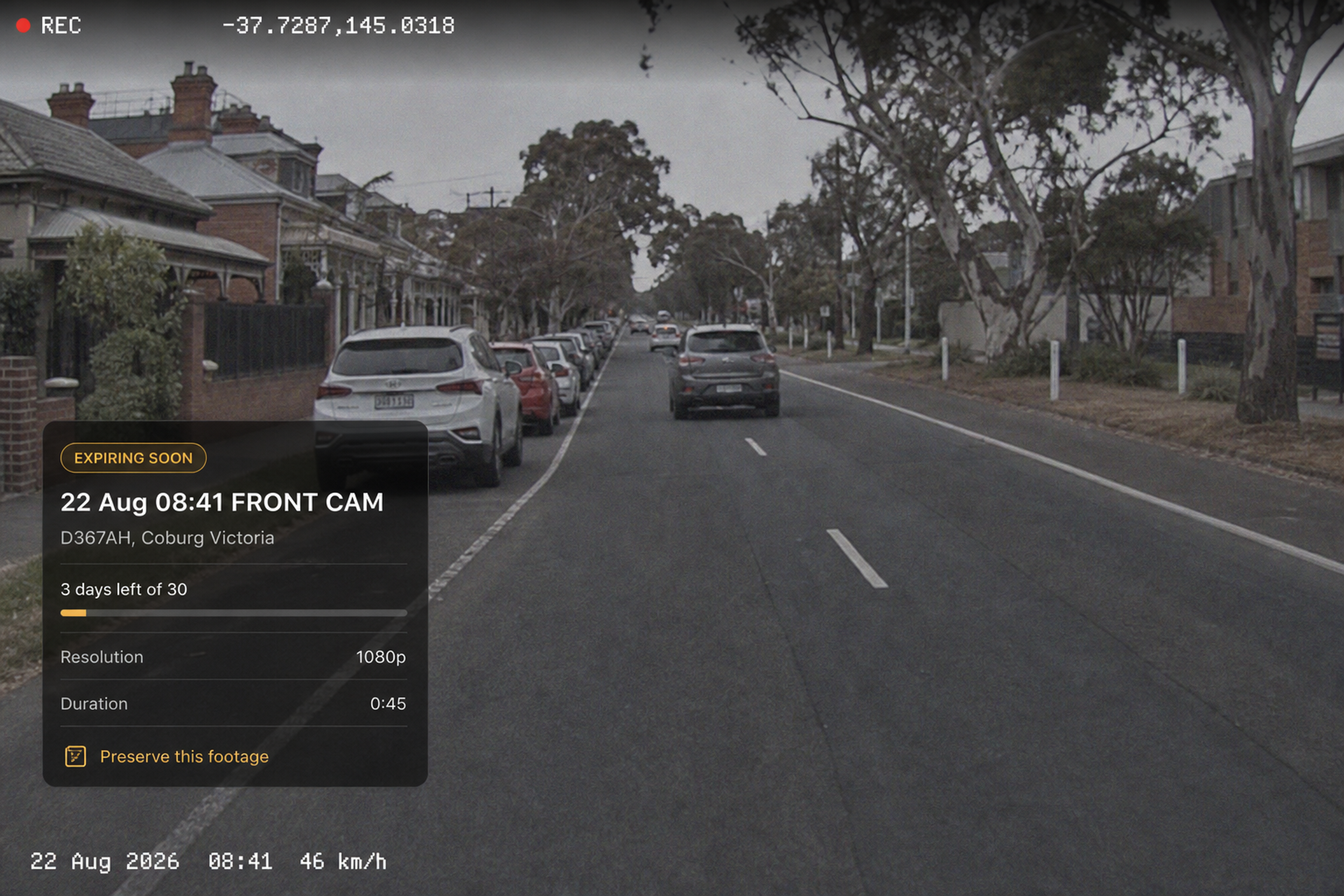 The expiring-soon state on a result, with the retention indicator and the preserve action. 4:3, dark UI.