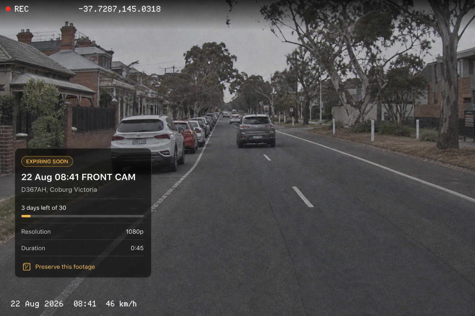 The expiring-soon state on a result, with the retention indicator and the preserve action. 4:3, dark UI.
