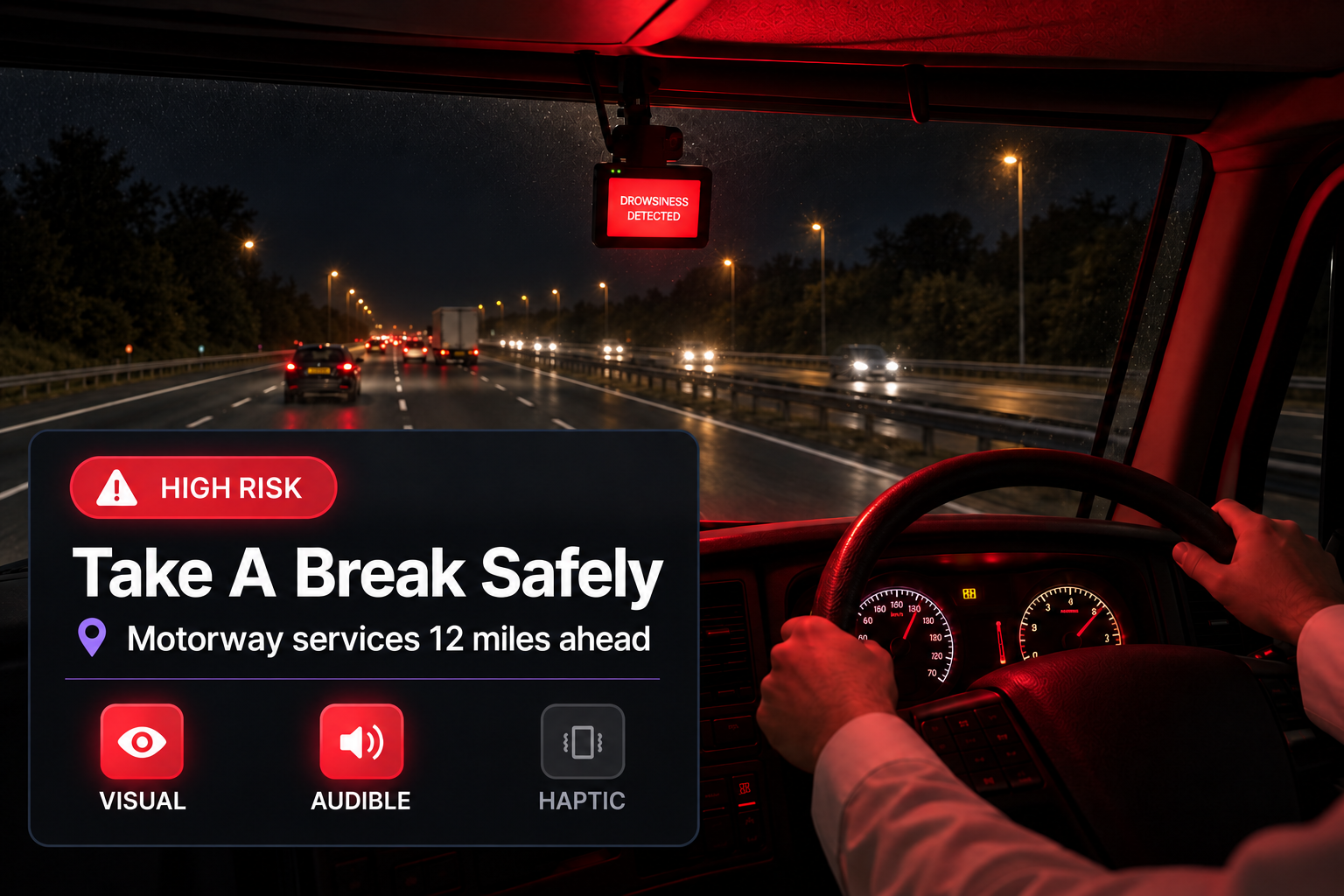 In-cab display showing a drowsiness detected warning with a take a break safely prompt, above the visual, audible and haptic alert icons. 4:3, dark UI.
