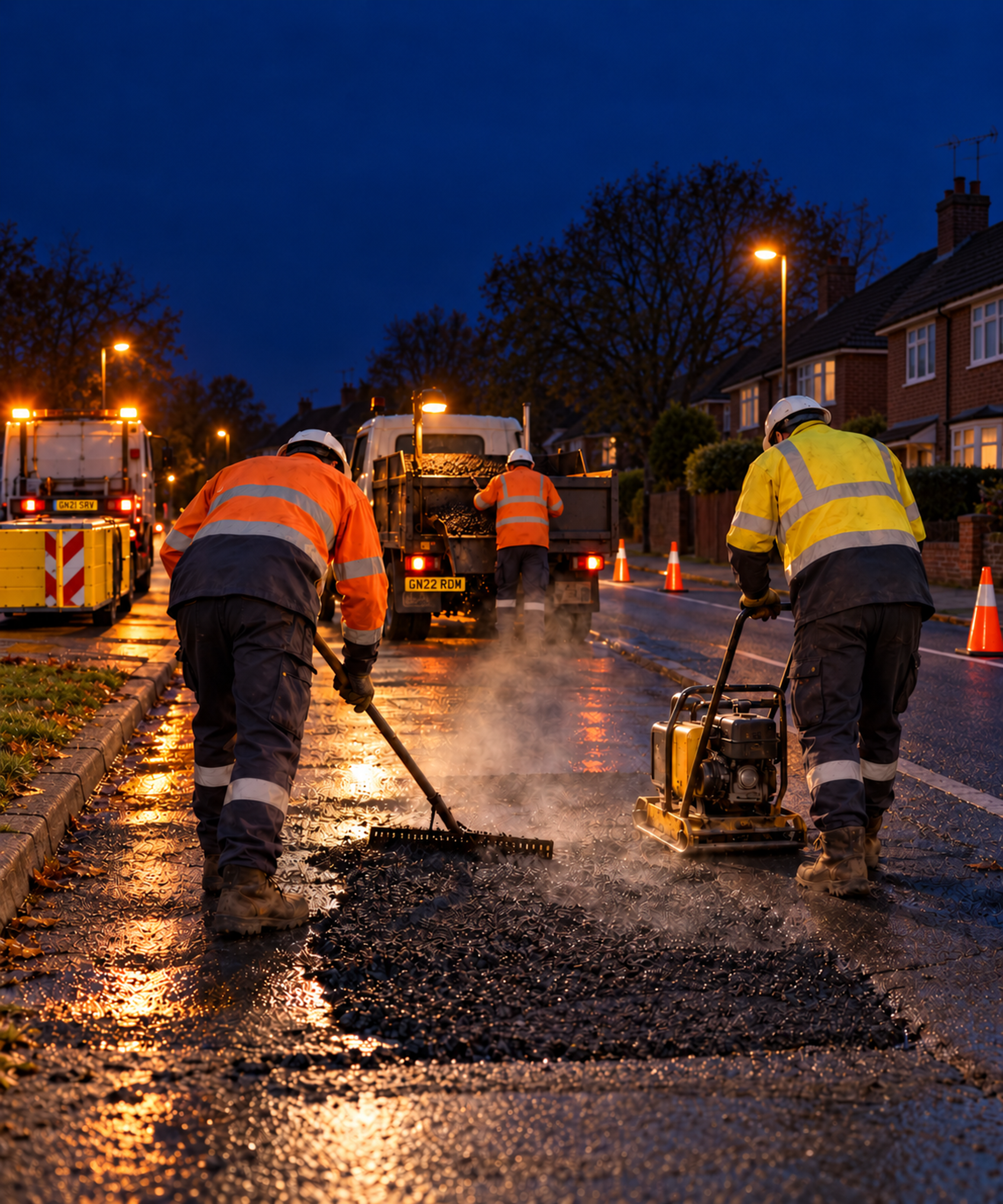 Photograph: a road maintenance crew at a work zone at dusk. Dark and cool, room at the top, no text in the artwork.