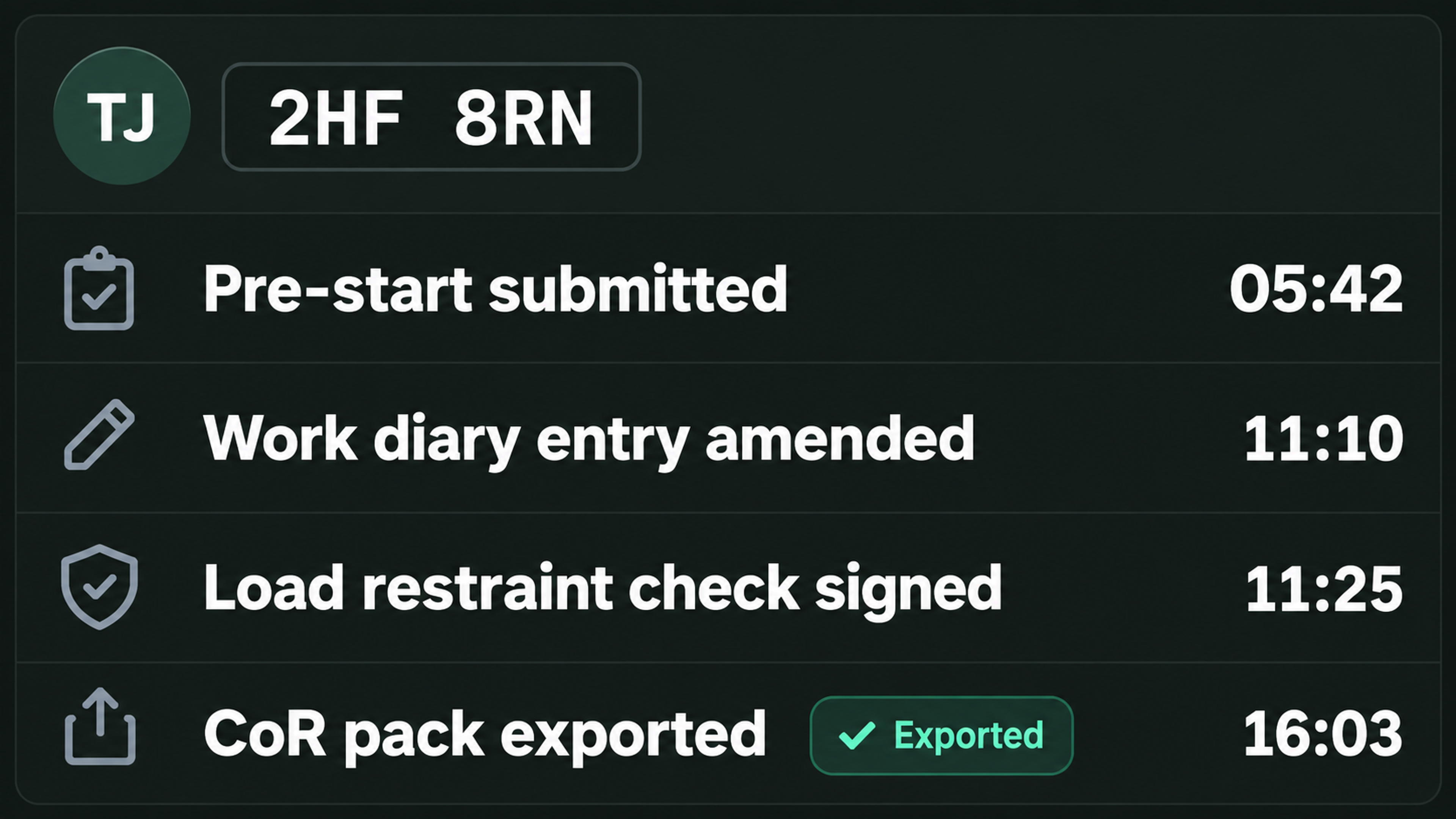 Records view: audit log and export history against a driver and a vehicle.
