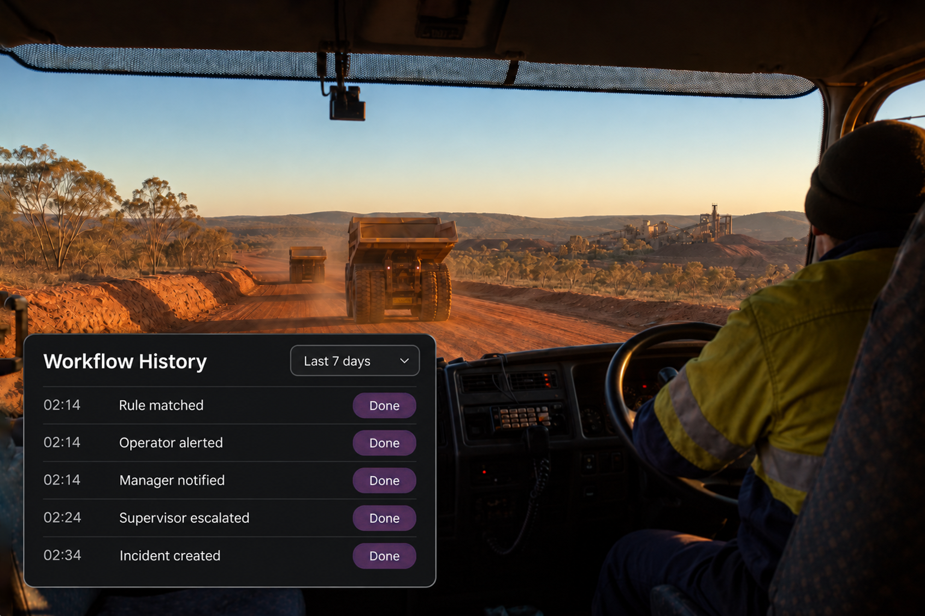 Workflow history panel with its date-range selector and step list. 4:3, dark UI.