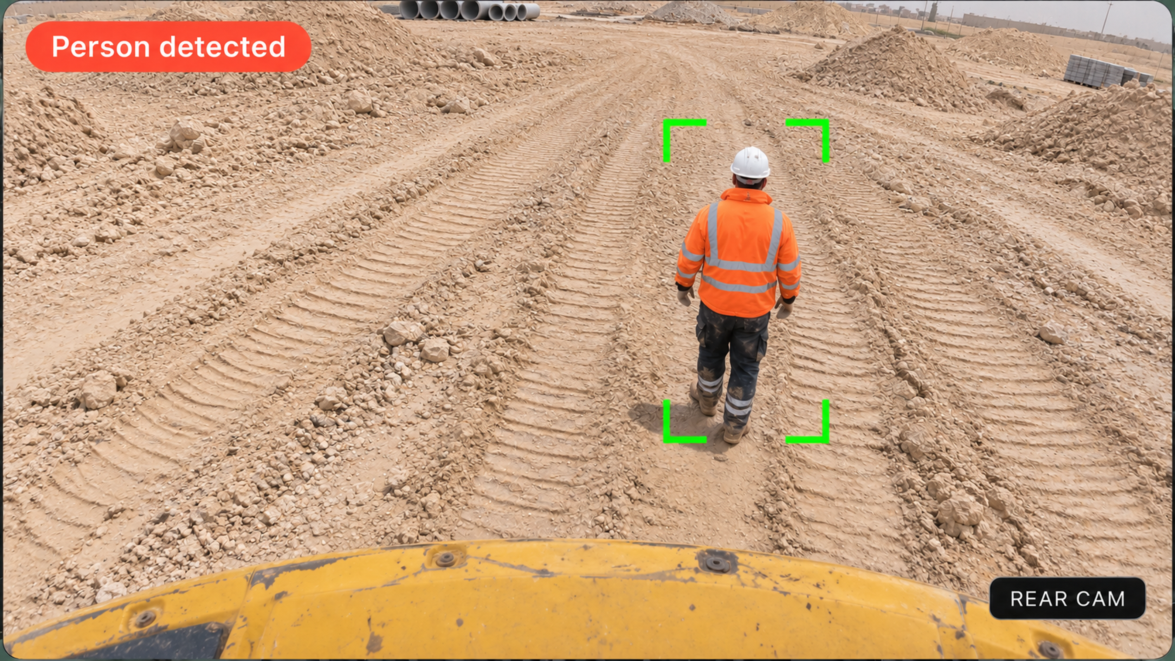 Machine safety view: pedestrian detected on a work-area camera.
