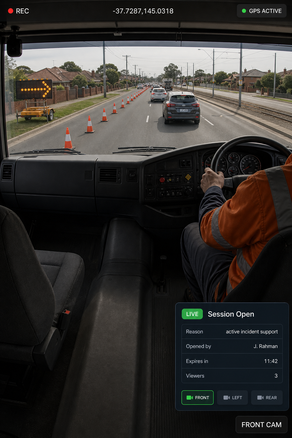 Photograph: a truck stopped on a motorway hard shoulder with hazards on, shot from a distance. Portrait 3:4, dark and cool, room at the top for a heading, no text in the artwork.