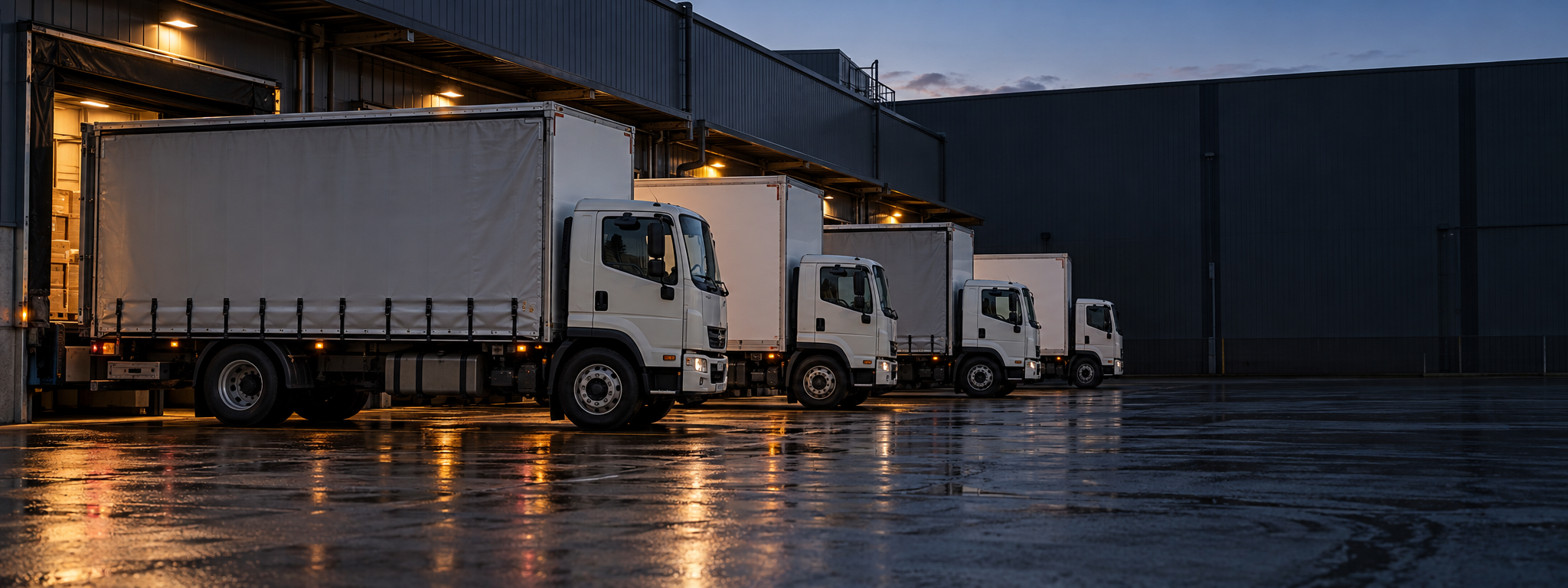 Photograph: an Australian distribution yard at dawn, rigid trucks on the dock. Landscape 16:9, cool light, no text in the artwork.