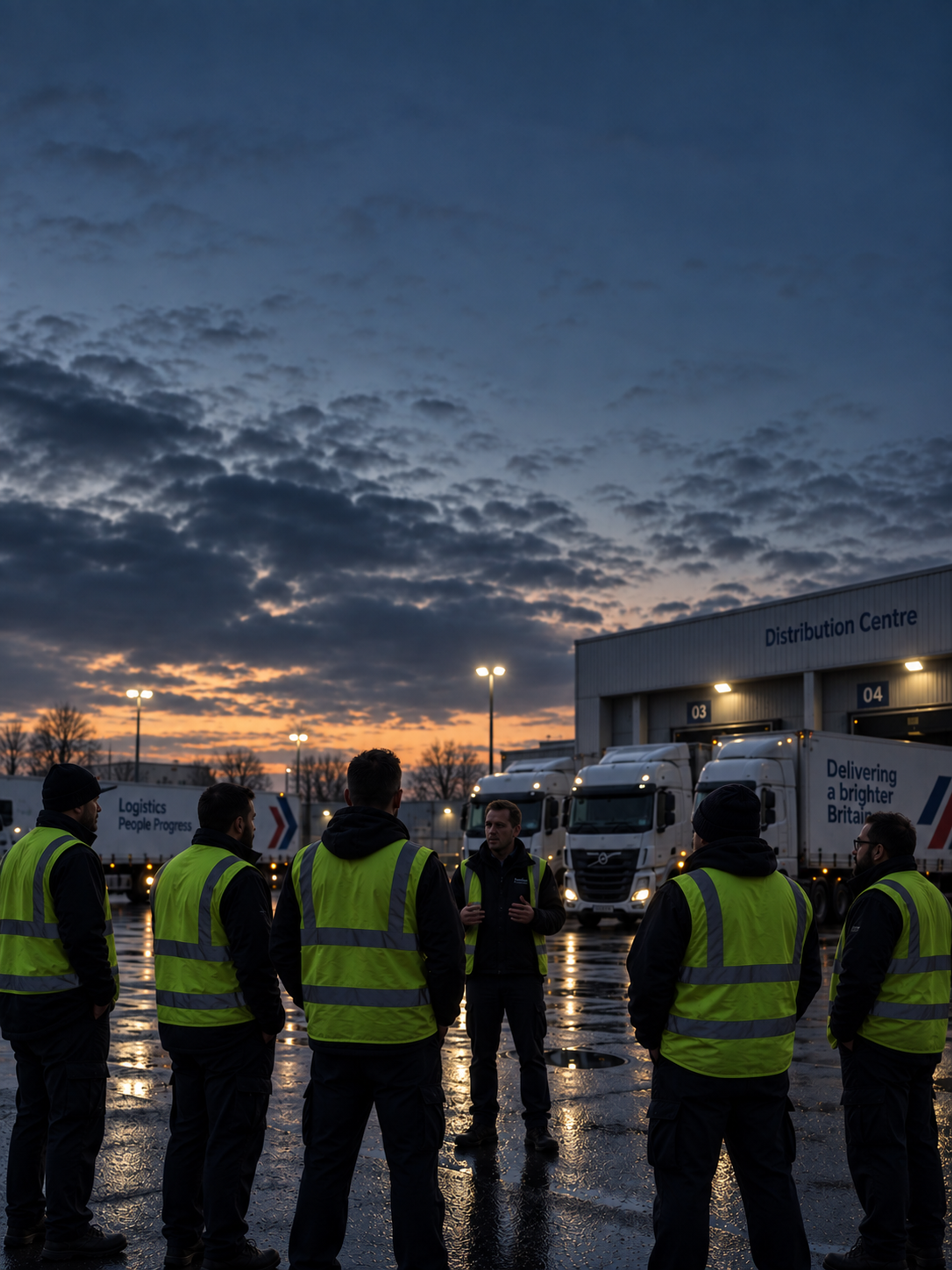 Photograph: a depot briefing at dawn. Dark and cool, room at the top, no text in the artwork.
