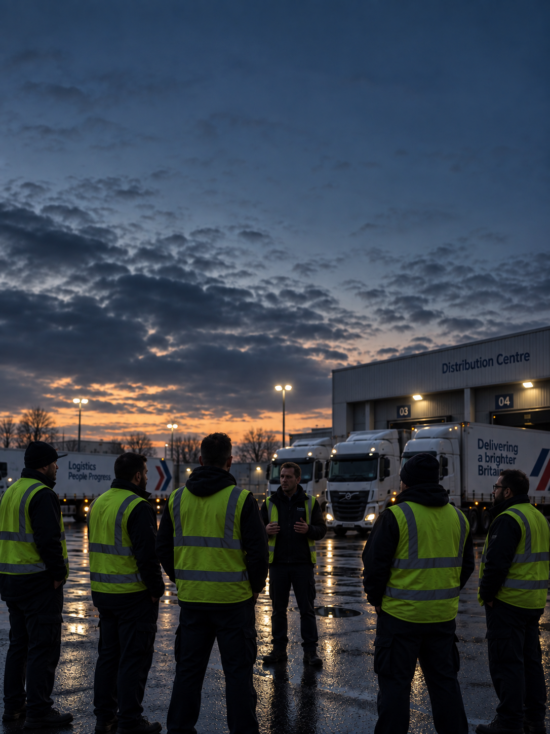 Photograph: a depot briefing at dawn. Dark and cool, room at the top, no text in the artwork.