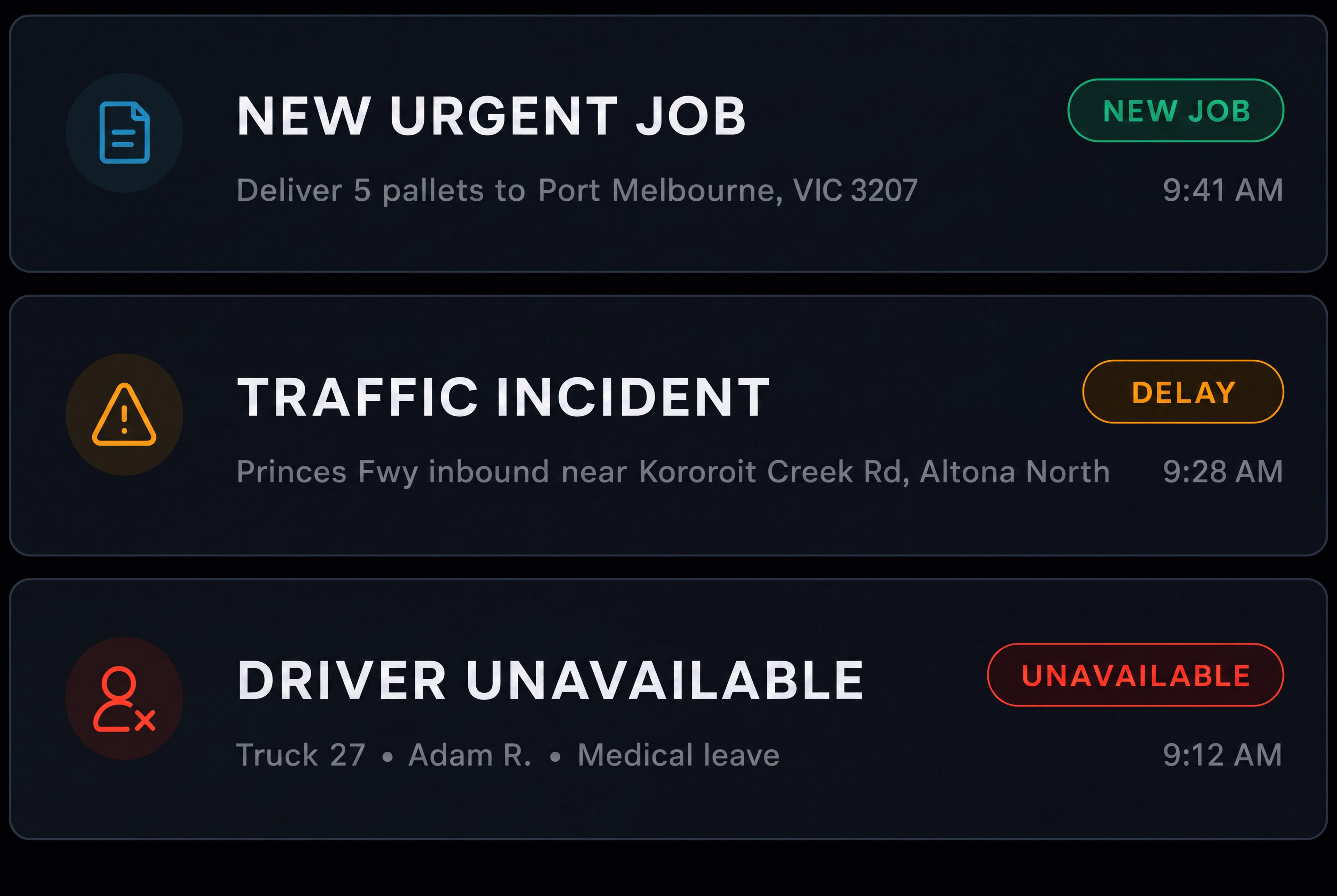 Disruption card: new urgent job, traffic incident, driver unavailable. 4:3, dark UI.