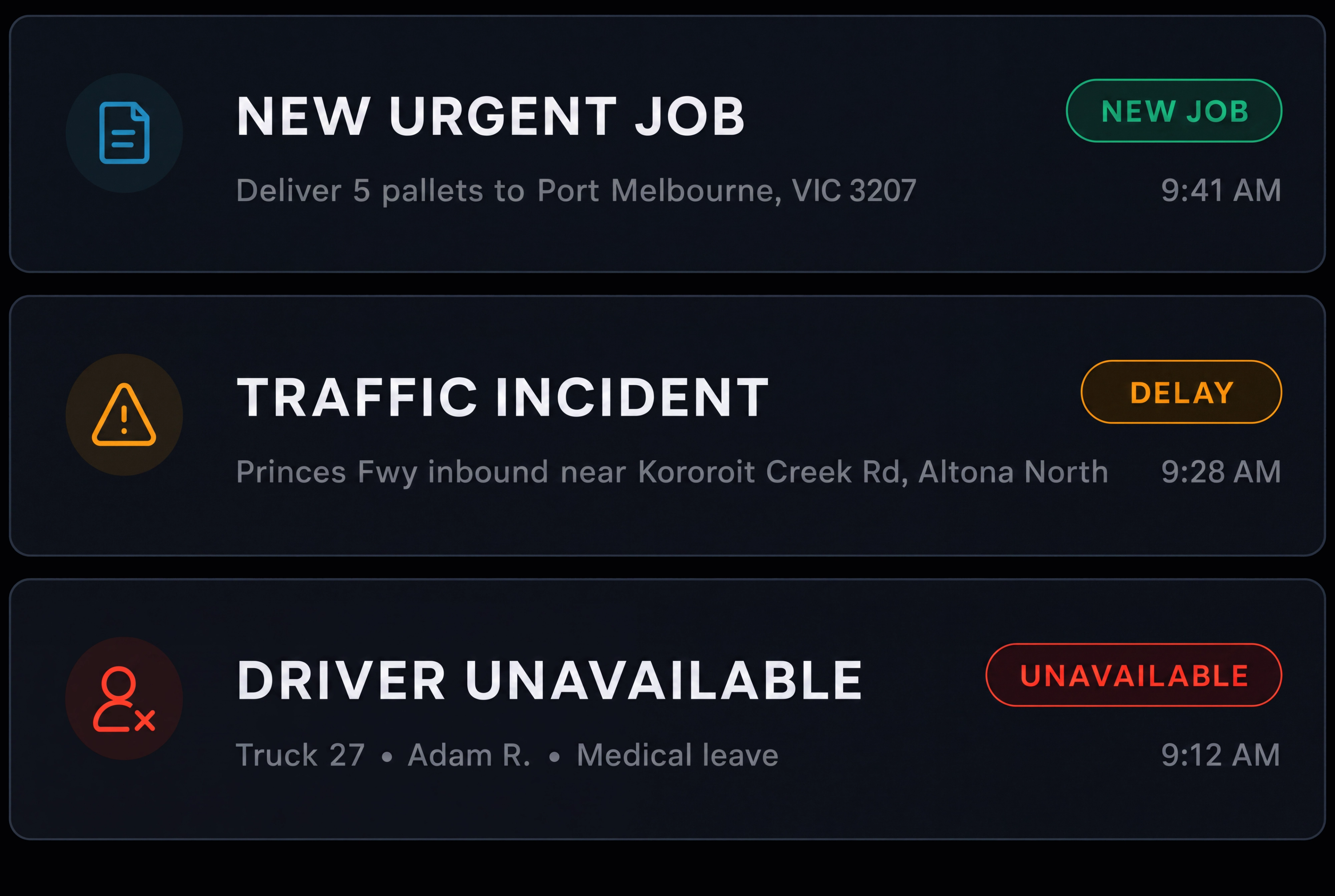 Disruption card: new urgent job, traffic incident, driver unavailable. 4:3, dark UI.