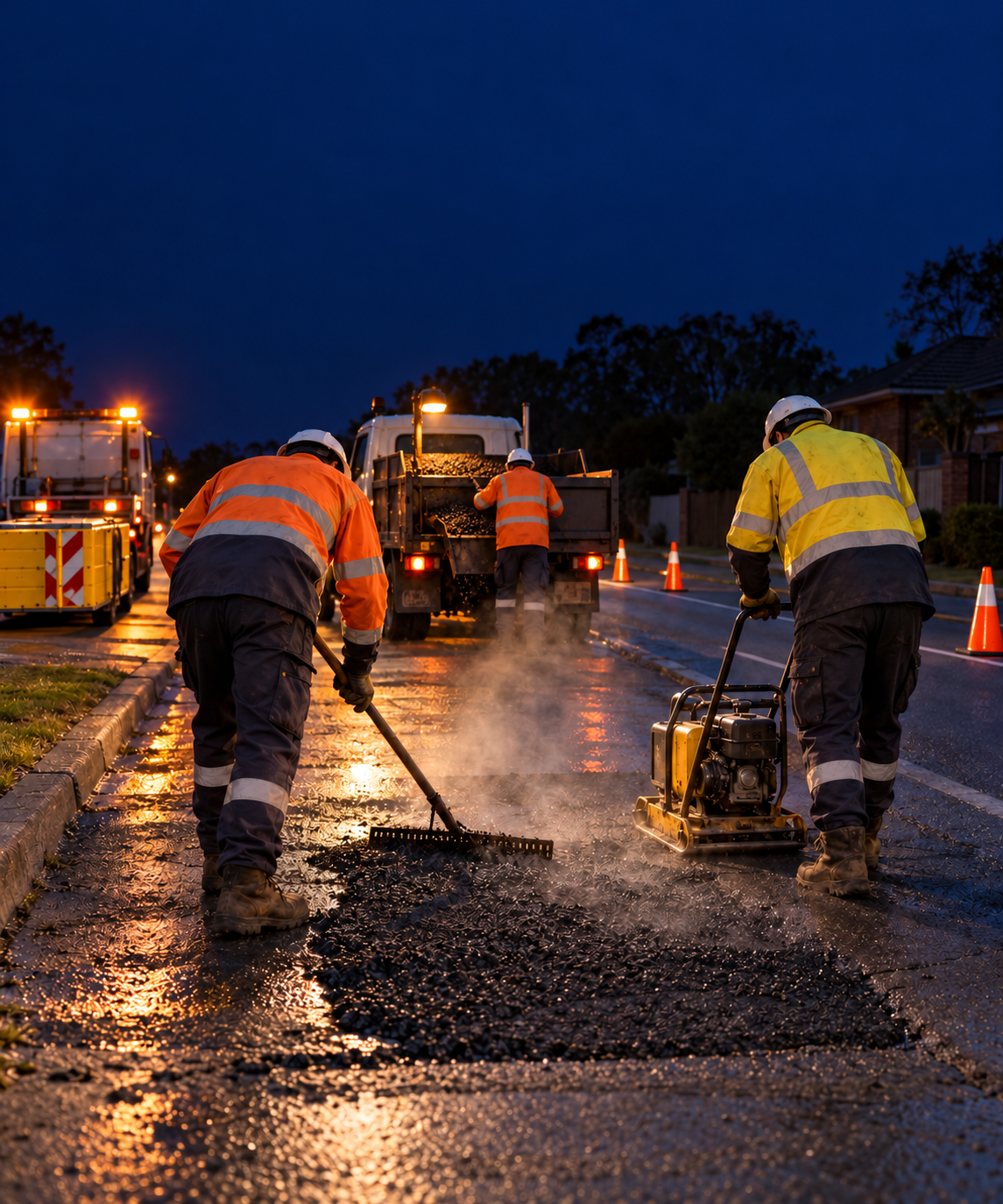 Photograph: a road maintenance crew at a work zone at dusk. Dark and cool, room at the top, no text in the artwork.