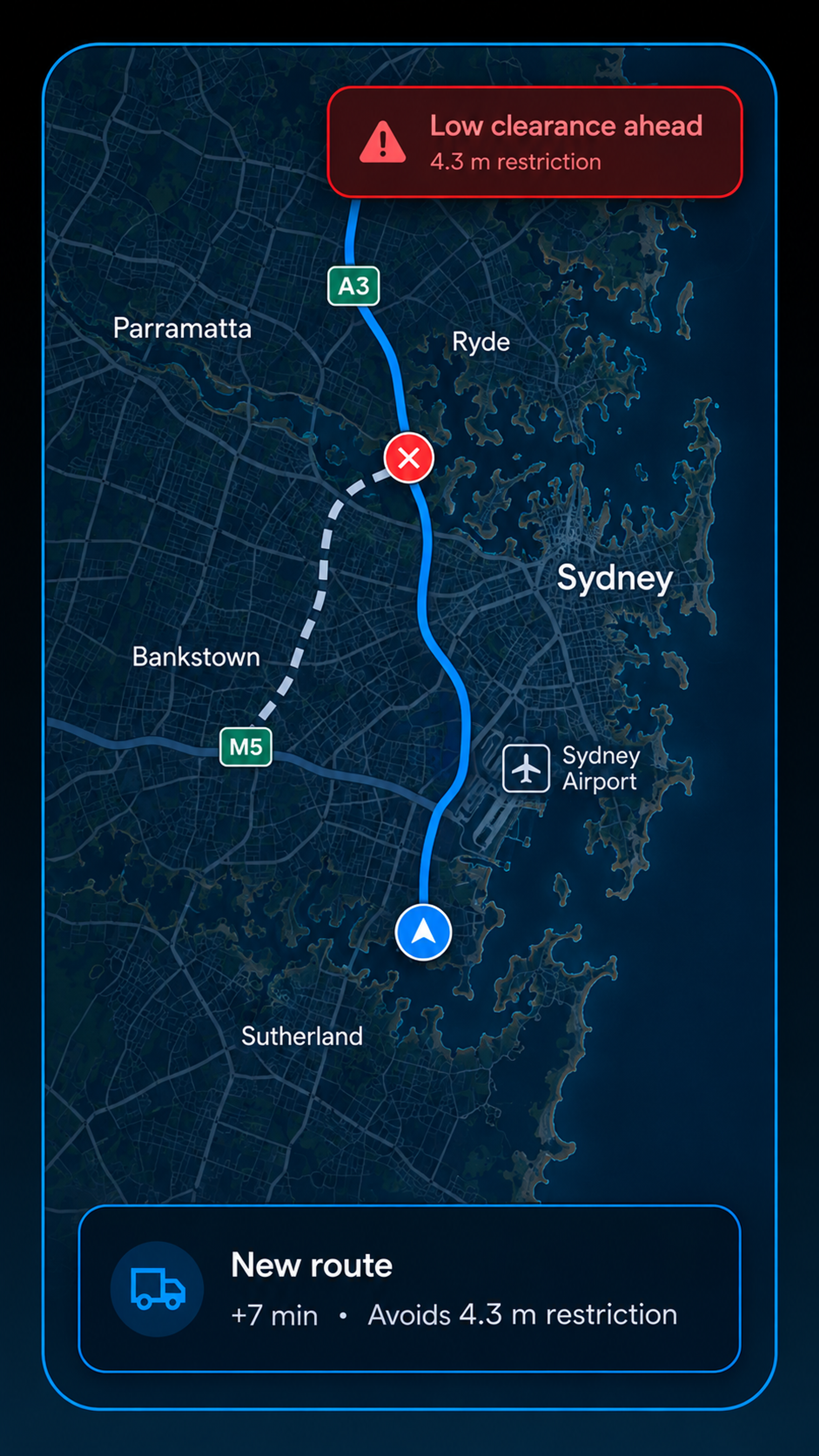 Driver app on a commercial route: a low-clearance warning banner 300 m ahead over the map, with the commercial route summary and speed limit below. Portrait handset, 9:17 crop.