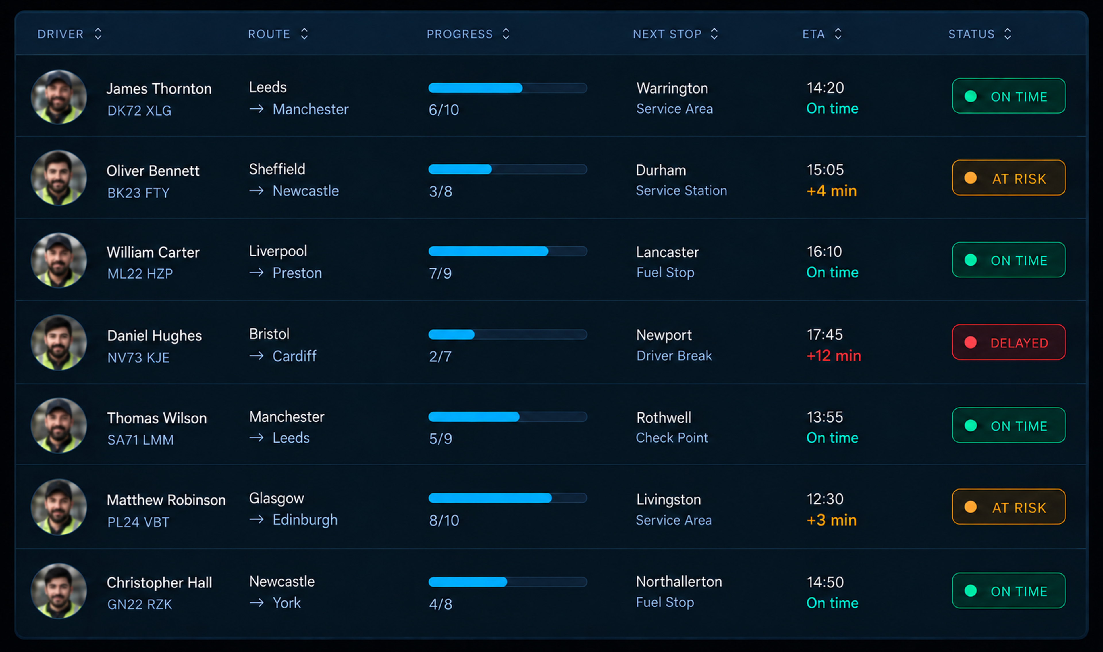 Live routes table: driver, progress bar, stops completed, next stop with ETA and delta, and status chip. 16:9, dark UI.