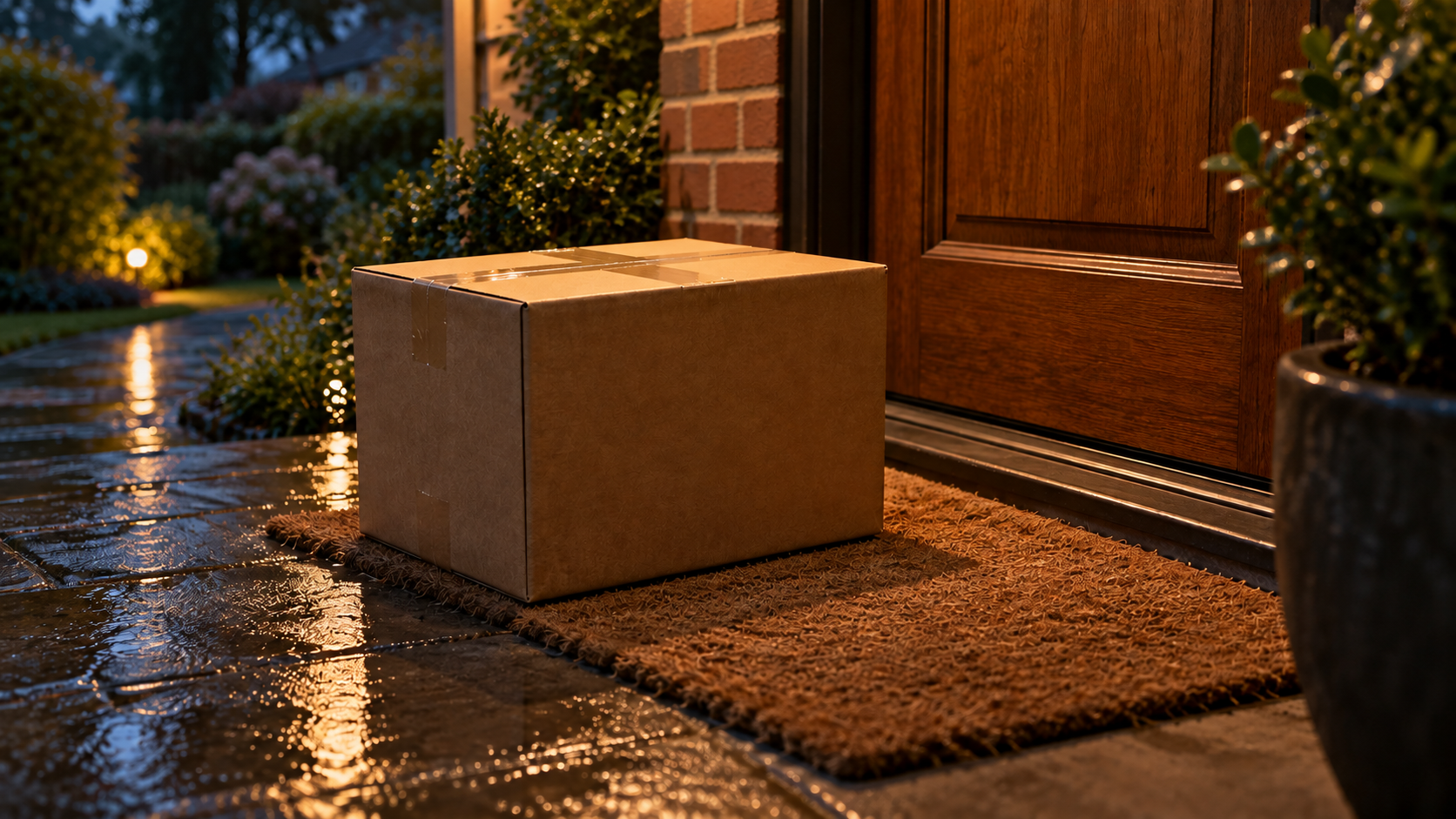 Editorial image: a parcel on a doorstep at dusk. No text in the artwork.