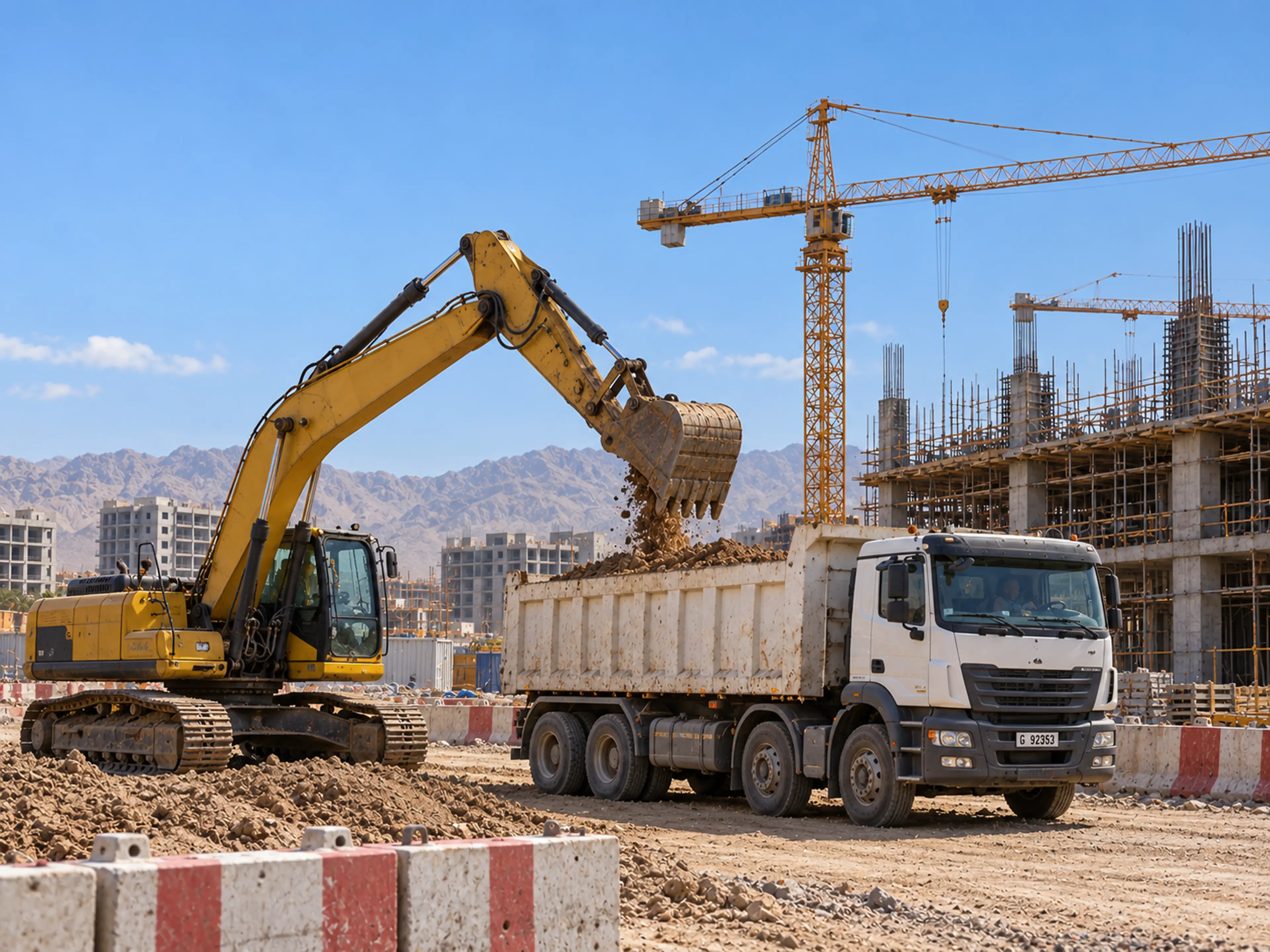 Photograph: a construction site at first light, plant moving. Dark and cool, no text in the artwork.