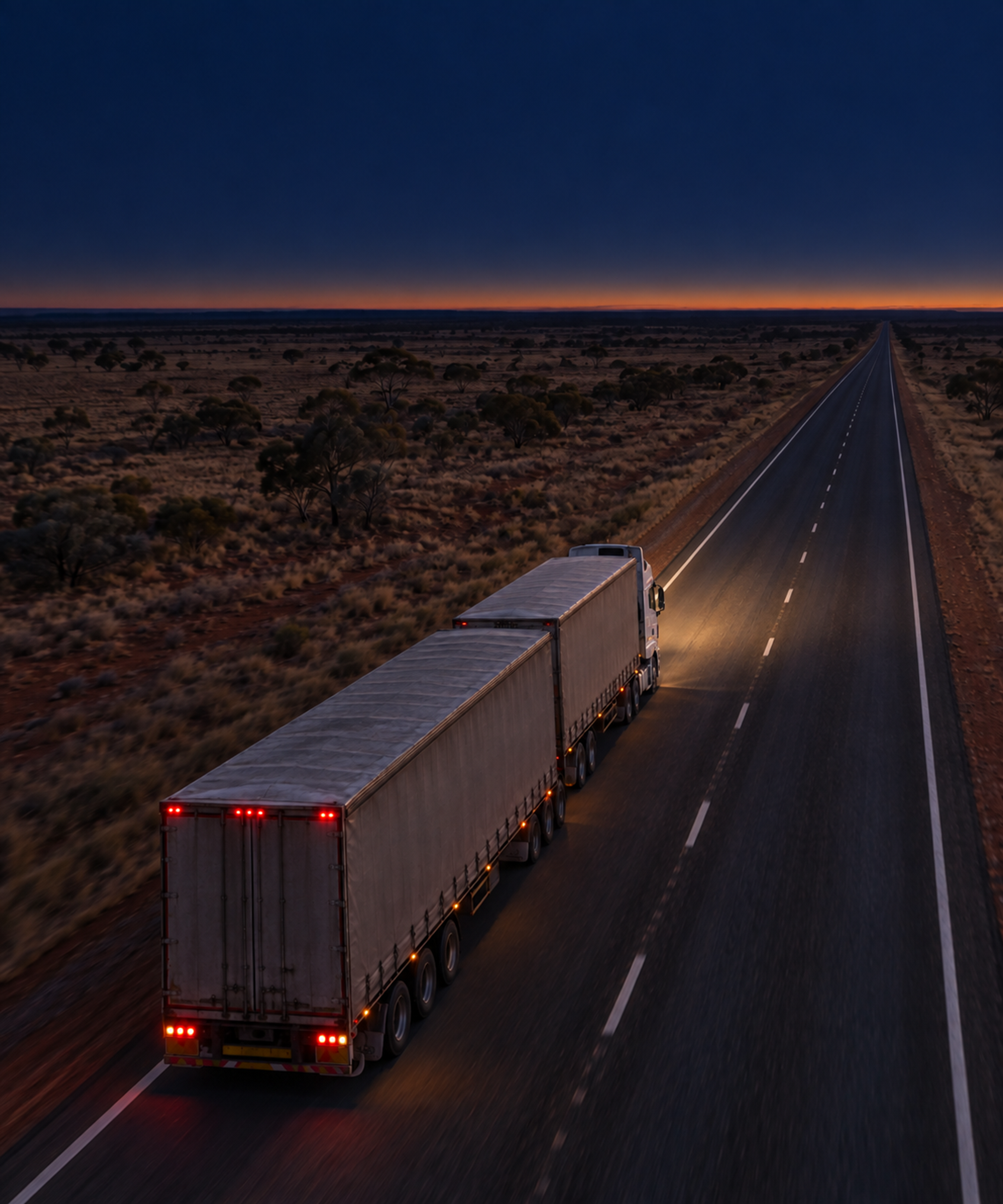 Photograph: a line-haul semi on an open highway at dusk, shot from height. Dark and cool, room at the top, no text in the artwork.