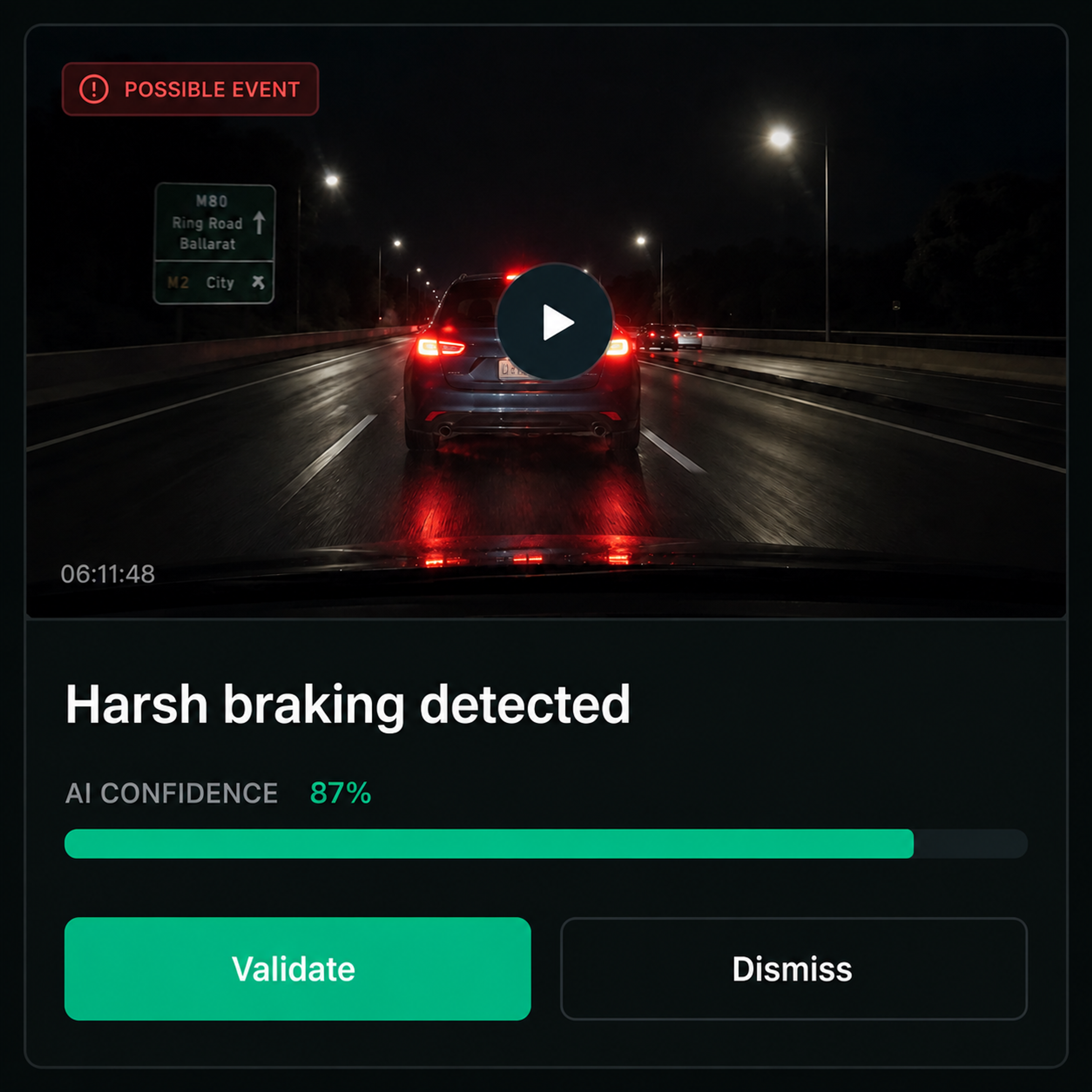 A possible event awaiting validation, with the clip and AI confidence beside it.