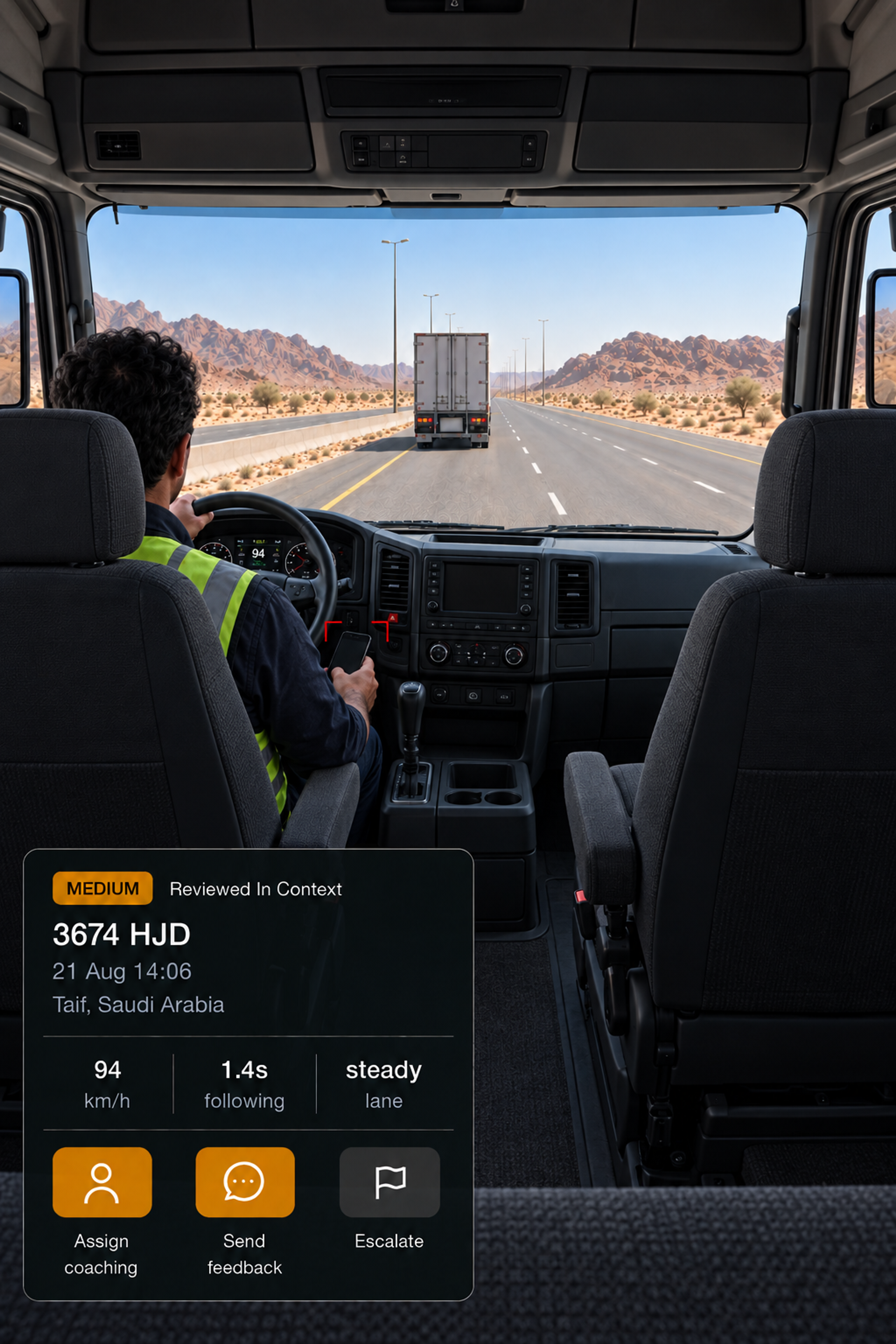Photograph: a manager at a desk reviewing in-cab footage on a monitor, screen content not legible. Portrait 3:4, dark and cool, room at the top for a heading, no text in the artwork.