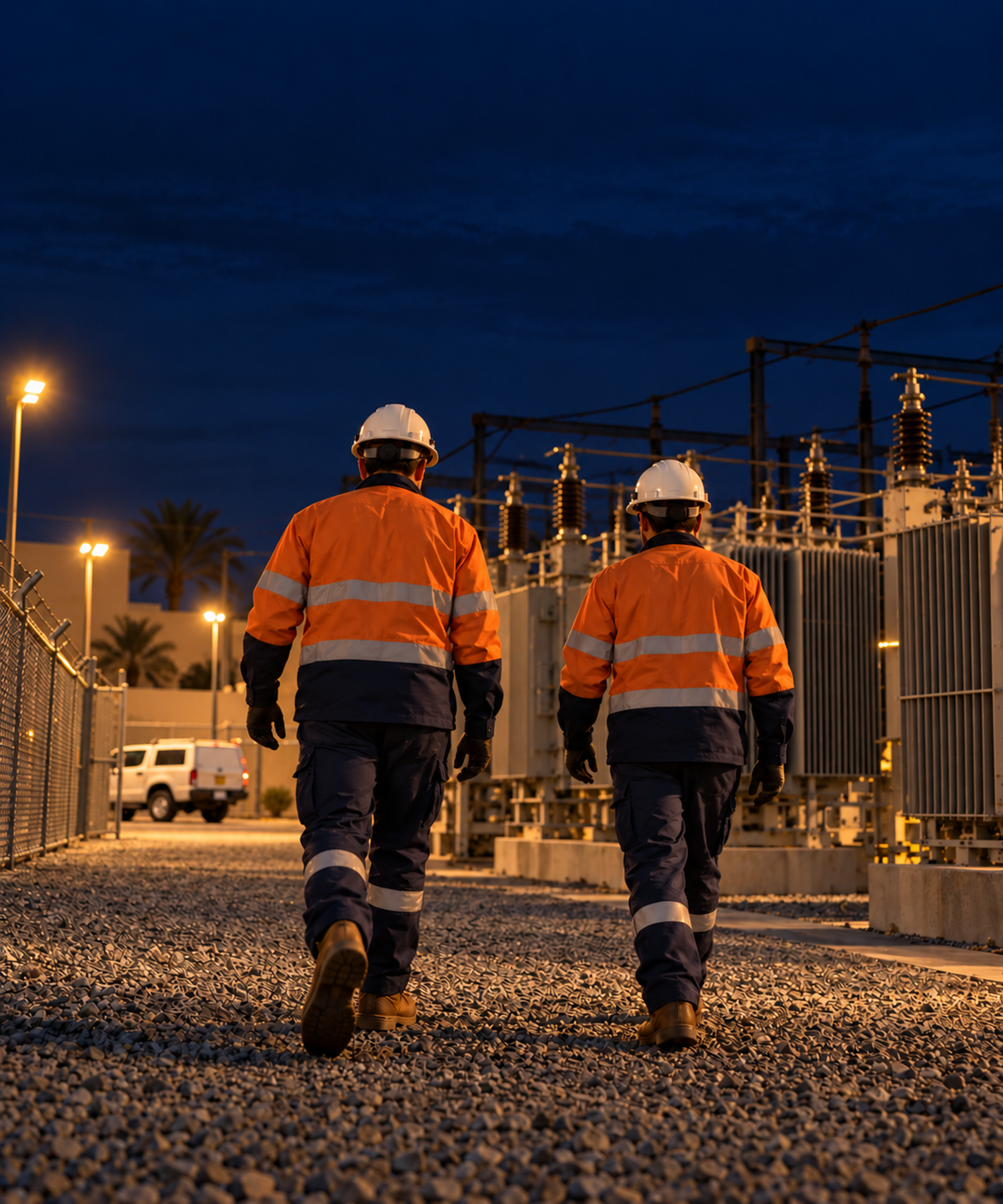Photograph: a utility crew at a substation at dusk. Dark and cool, room at the top, no text in the artwork.