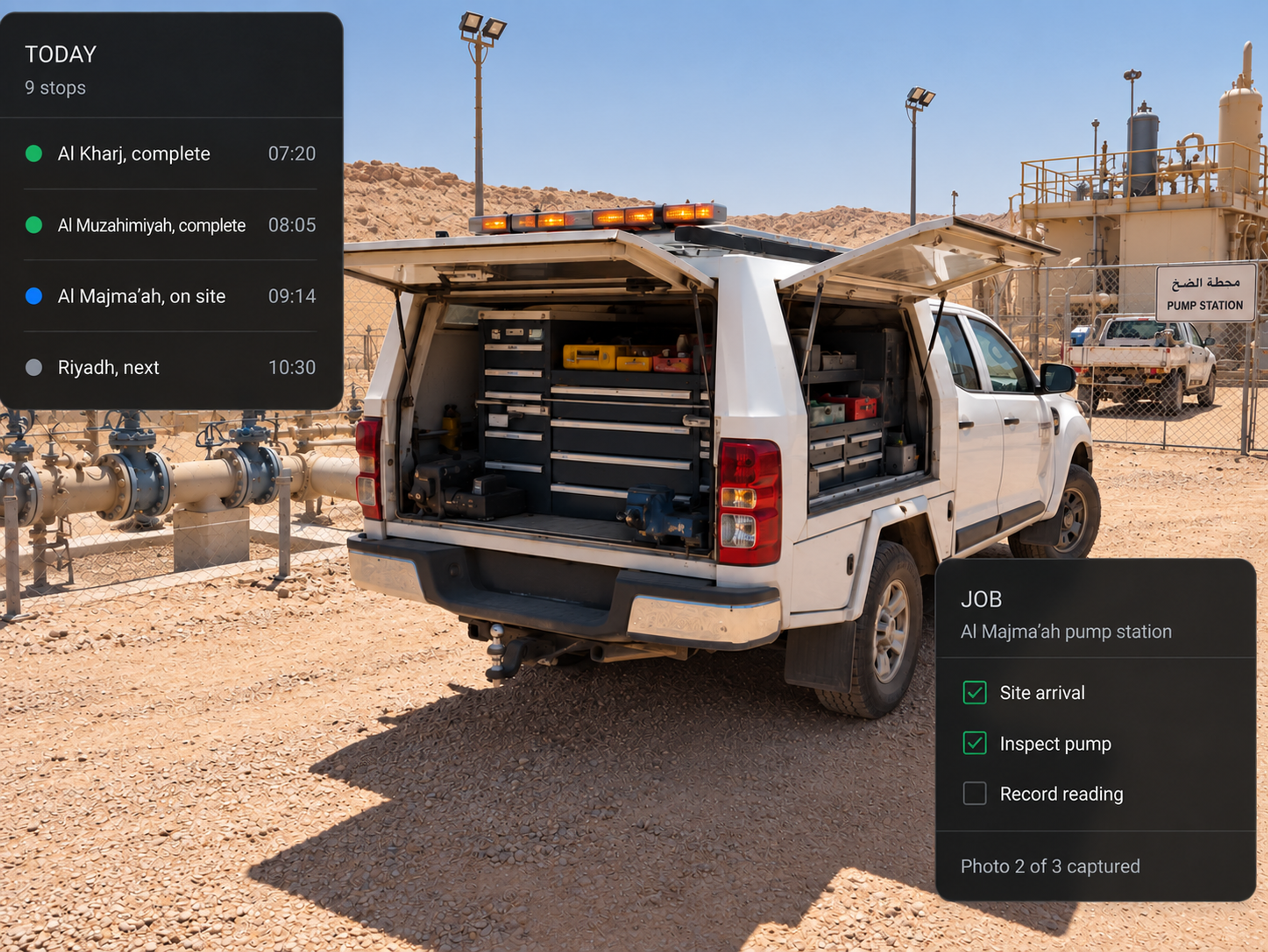 Driver app on a handset: the day's stop list with status, beside an open job showing its checklist and proof capture.