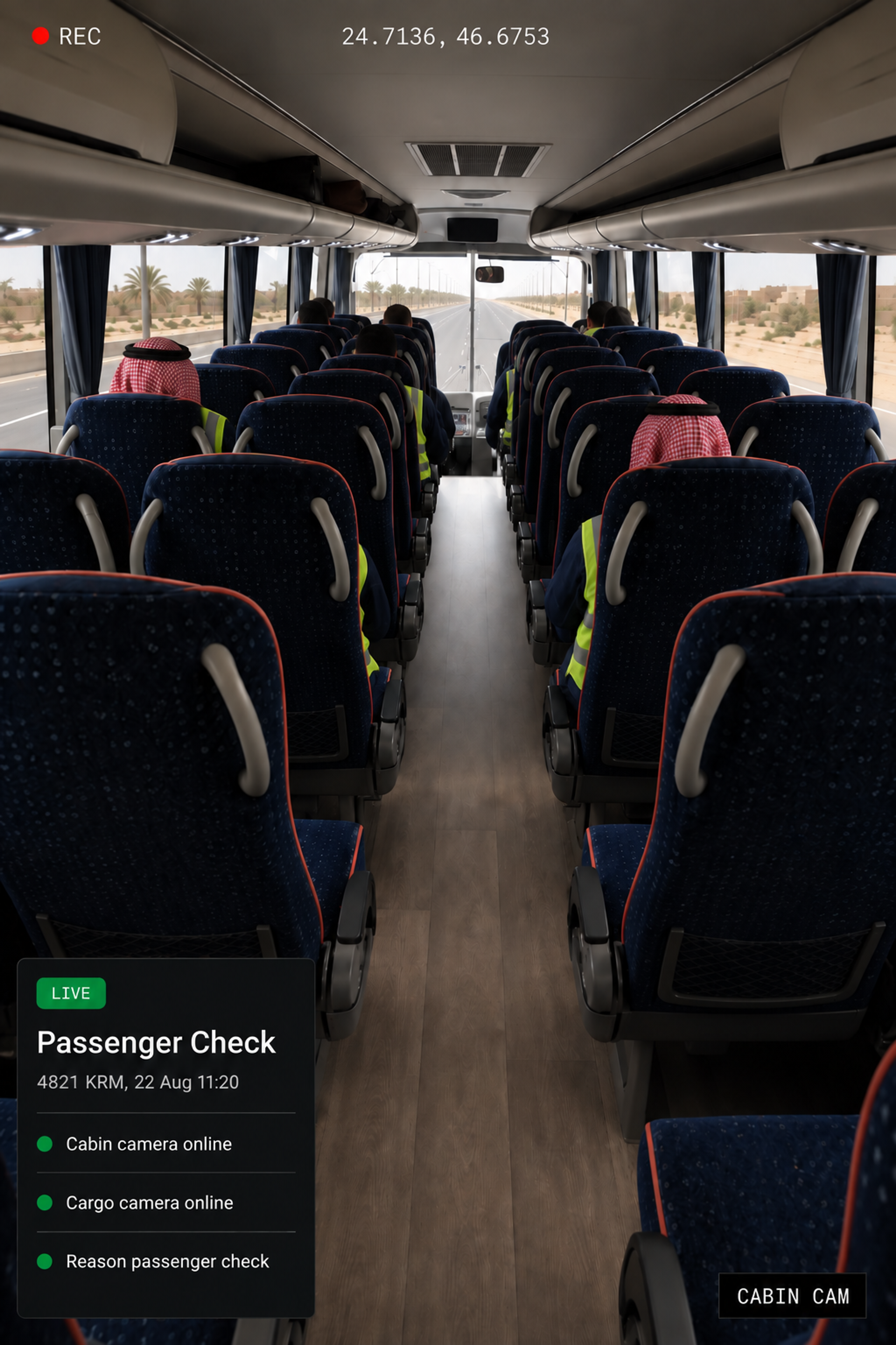 Photograph: the interior of a loaded van or a passenger coach cabin, empty of people. Portrait 3:4, dark and cool, room at the top for a heading, no text in the artwork.