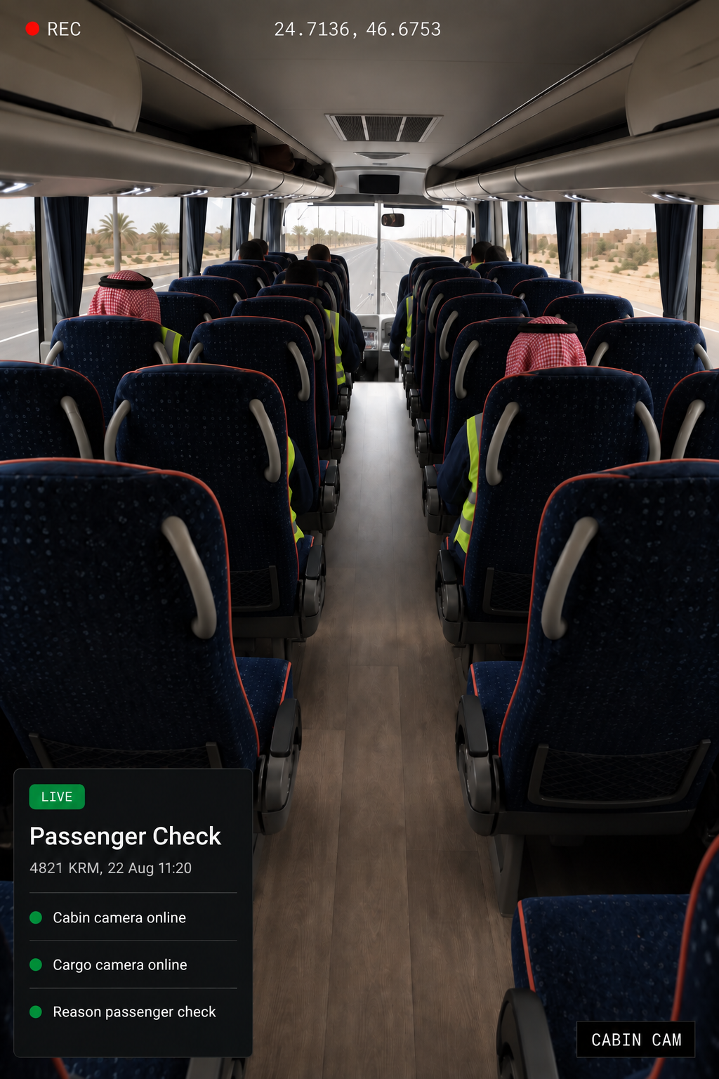 Photograph: the interior of a loaded van or a passenger coach cabin, empty of people. Portrait 3:4, dark and cool, room at the top for a heading, no text in the artwork.