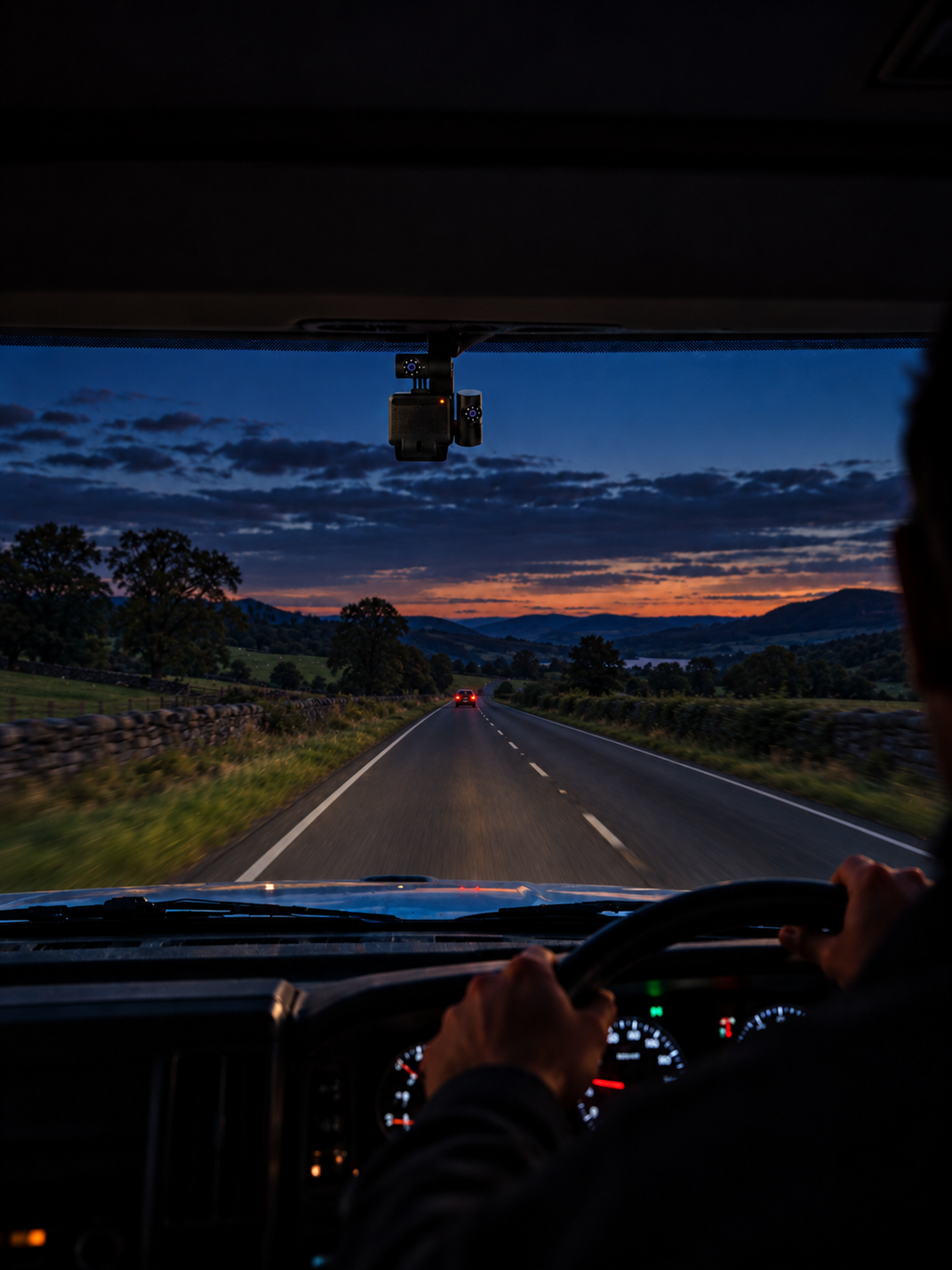Truck cab at dusk, the driver at the wheel with the in-cab camera above the windscreen