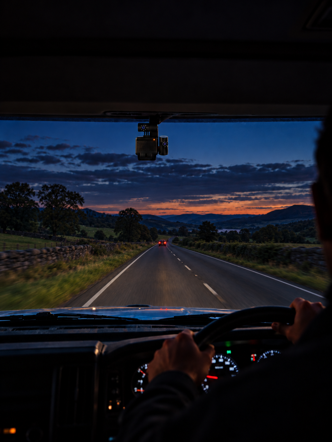 Truck cab at dusk, the driver at the wheel with the in-cab camera above the windscreen