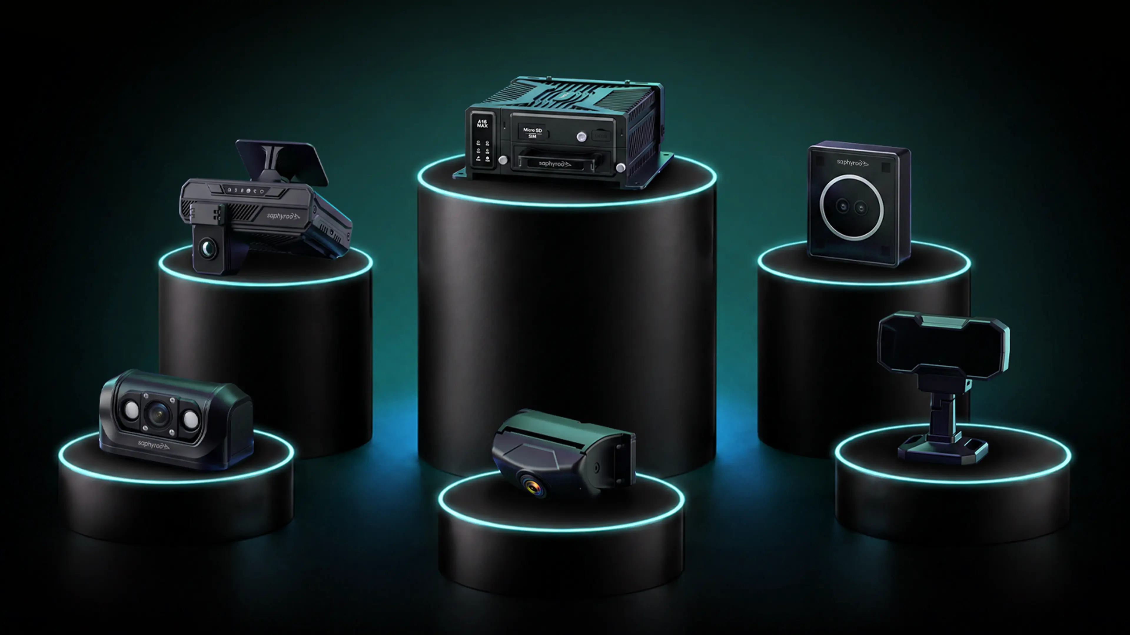 Three Saphyroo devices on a dark ground: an AI dash cam, an MDVR unit and an asset tracker. No text in the artwork.