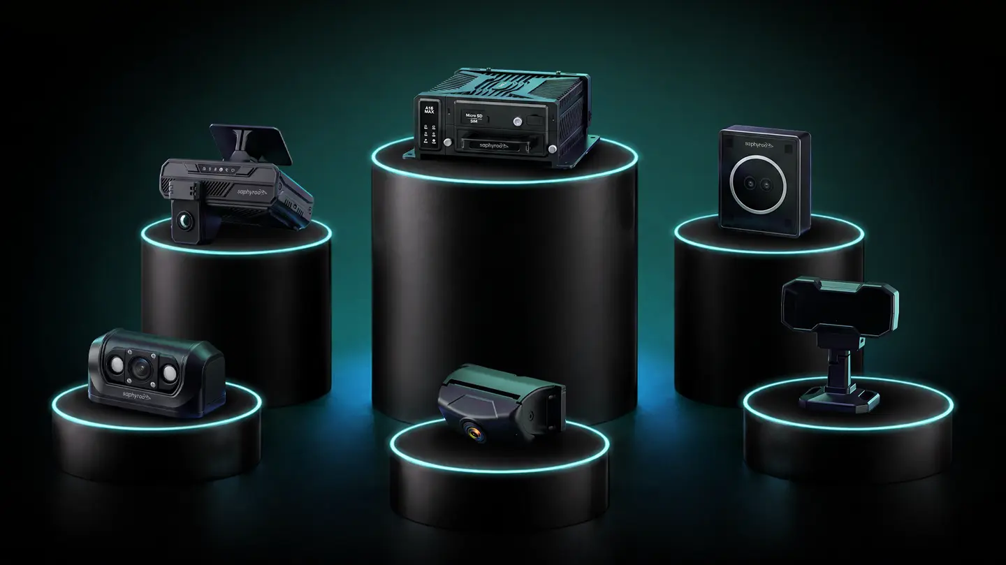 Three Saphyroo devices on a dark ground: an AI dash cam, an MDVR unit and an asset tracker. No text in the artwork.