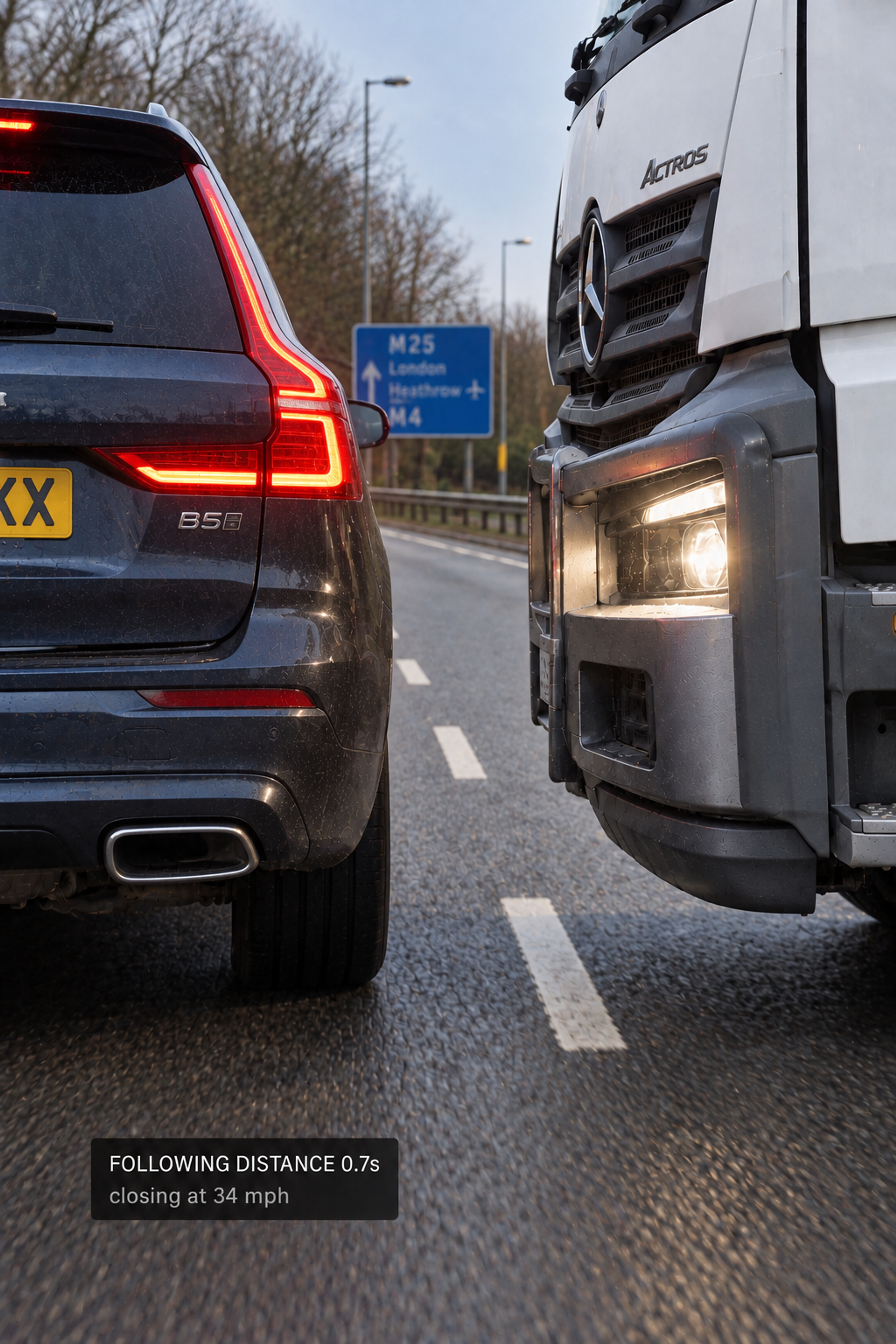 Photograph: a motorway from a truck's road-facing viewpoint in flat daylight, traffic ahead. Portrait 3:4, dark and cool, room at the top for a heading, no text in the artwork.