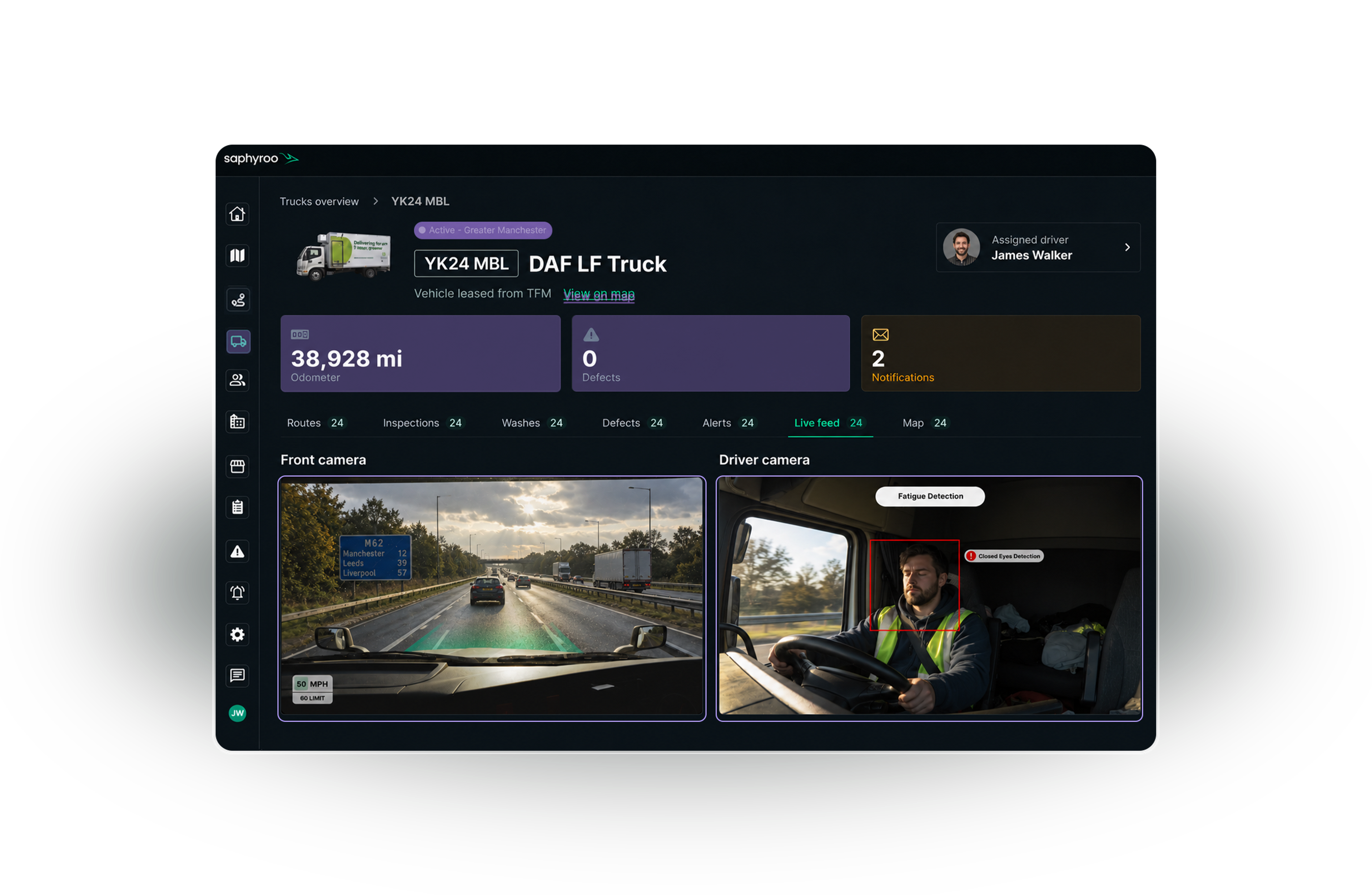 Vision360 vehicle view: the front camera and driver camera live side by side with fatigue detection flagging closed eyes, over the vehicle's odometer, defect and notification totals