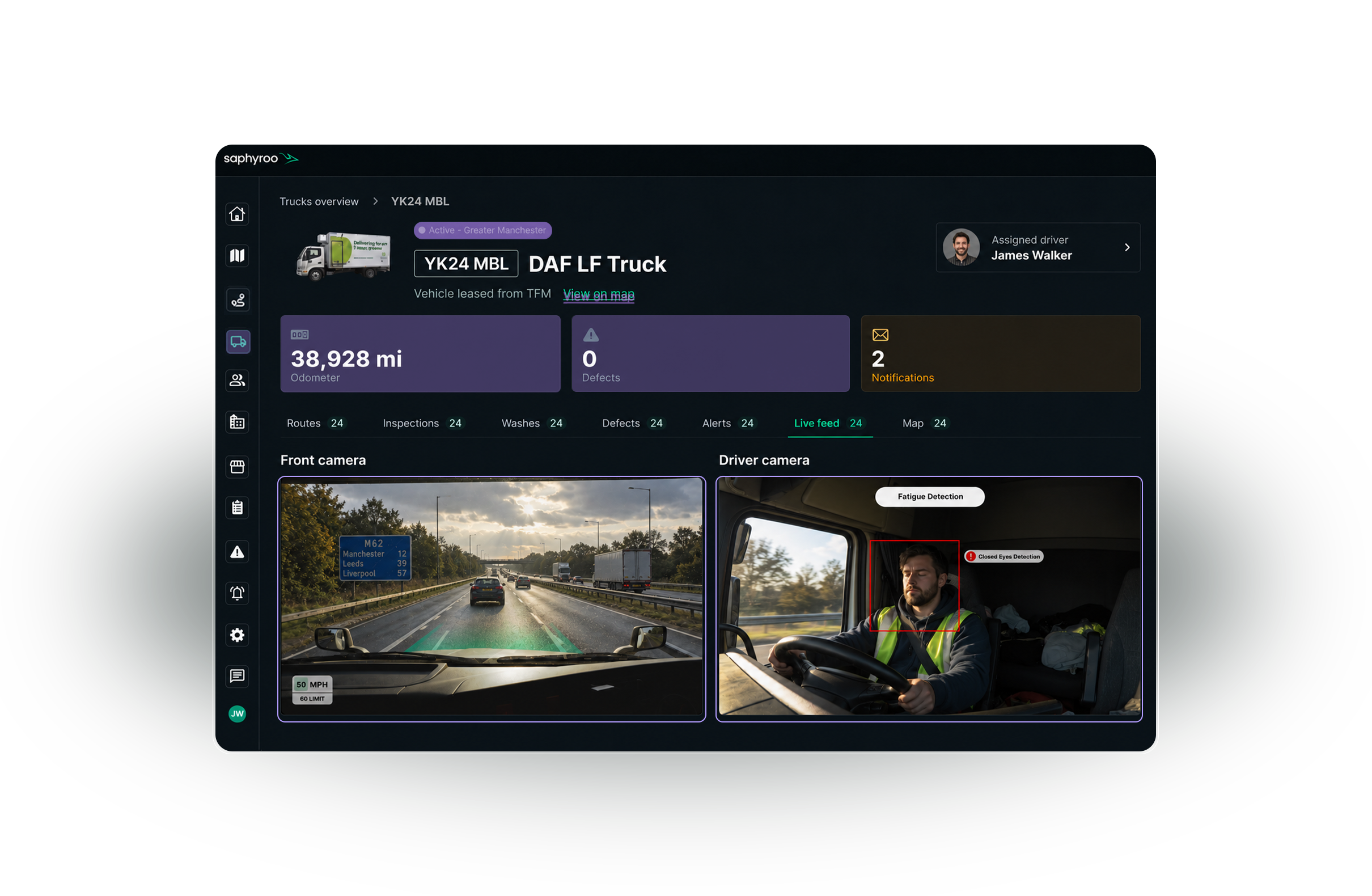 Vision360 vehicle view: the front camera and driver camera live side by side with fatigue detection flagging closed eyes, over the vehicle's odometer, defect and notification totals